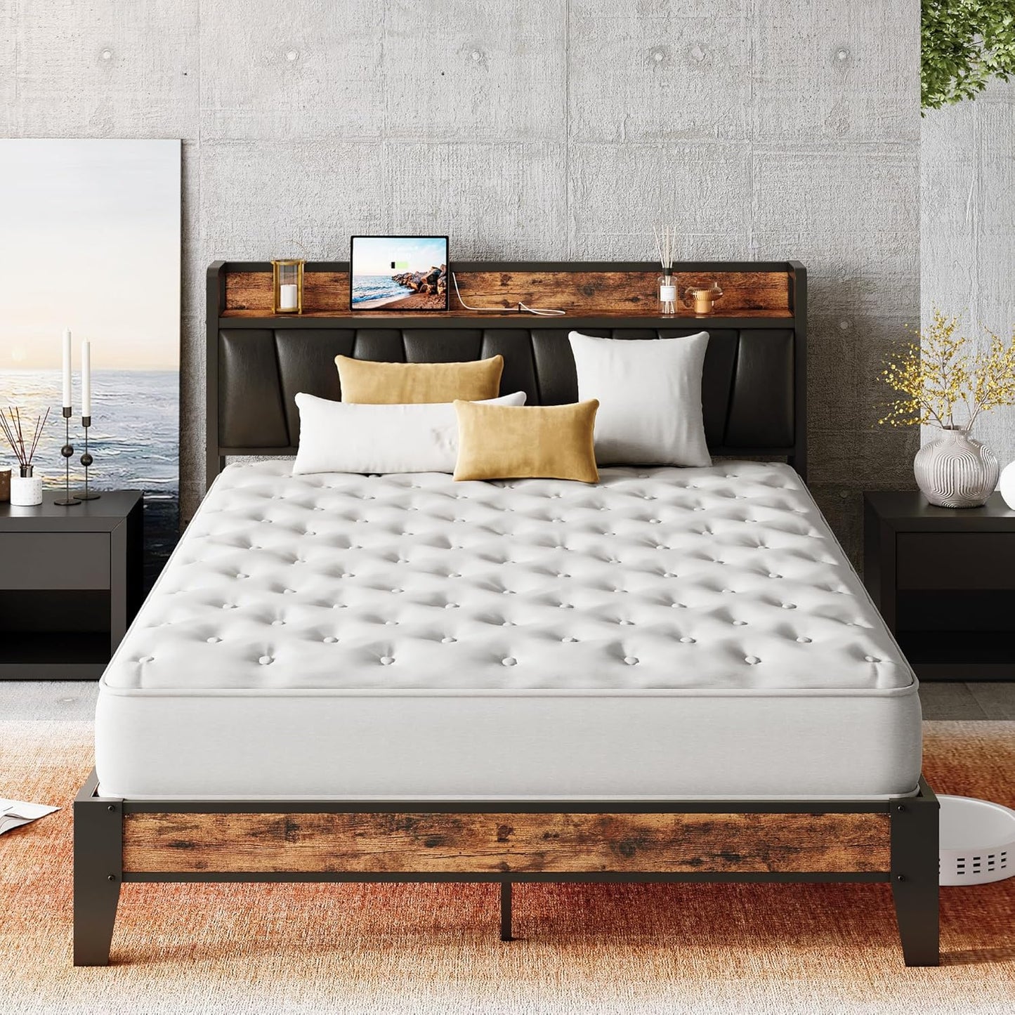 LIKIMIO Full XL Bed Frame with Storage Headboard and Charging