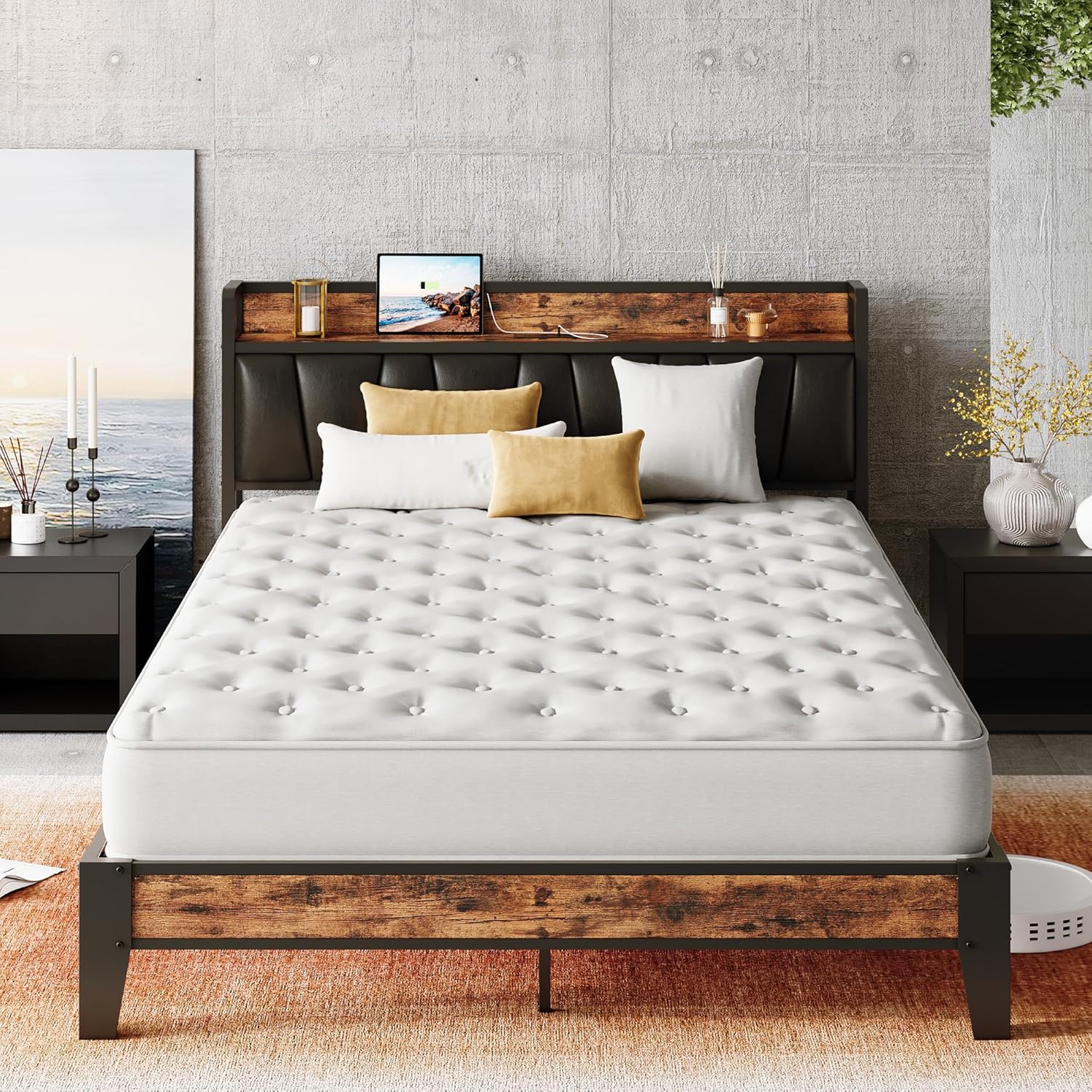 LIKIMIO Full XL Bed Frame with Storage Headboard and Charging