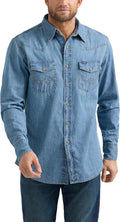 Wrangler Men's Denim Light Wash Long Sleeve Snap Shirt - Soft Cotton
