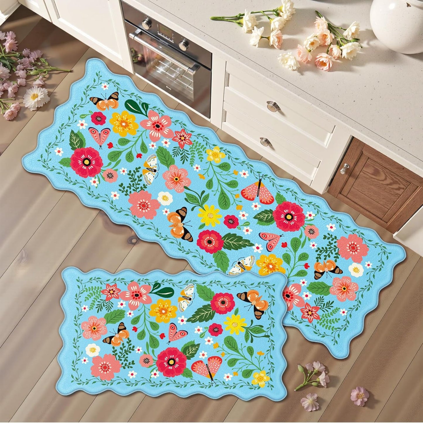 Scalloped Blue Kitchen Mats for Floor - Cushioned Anti Fatigue