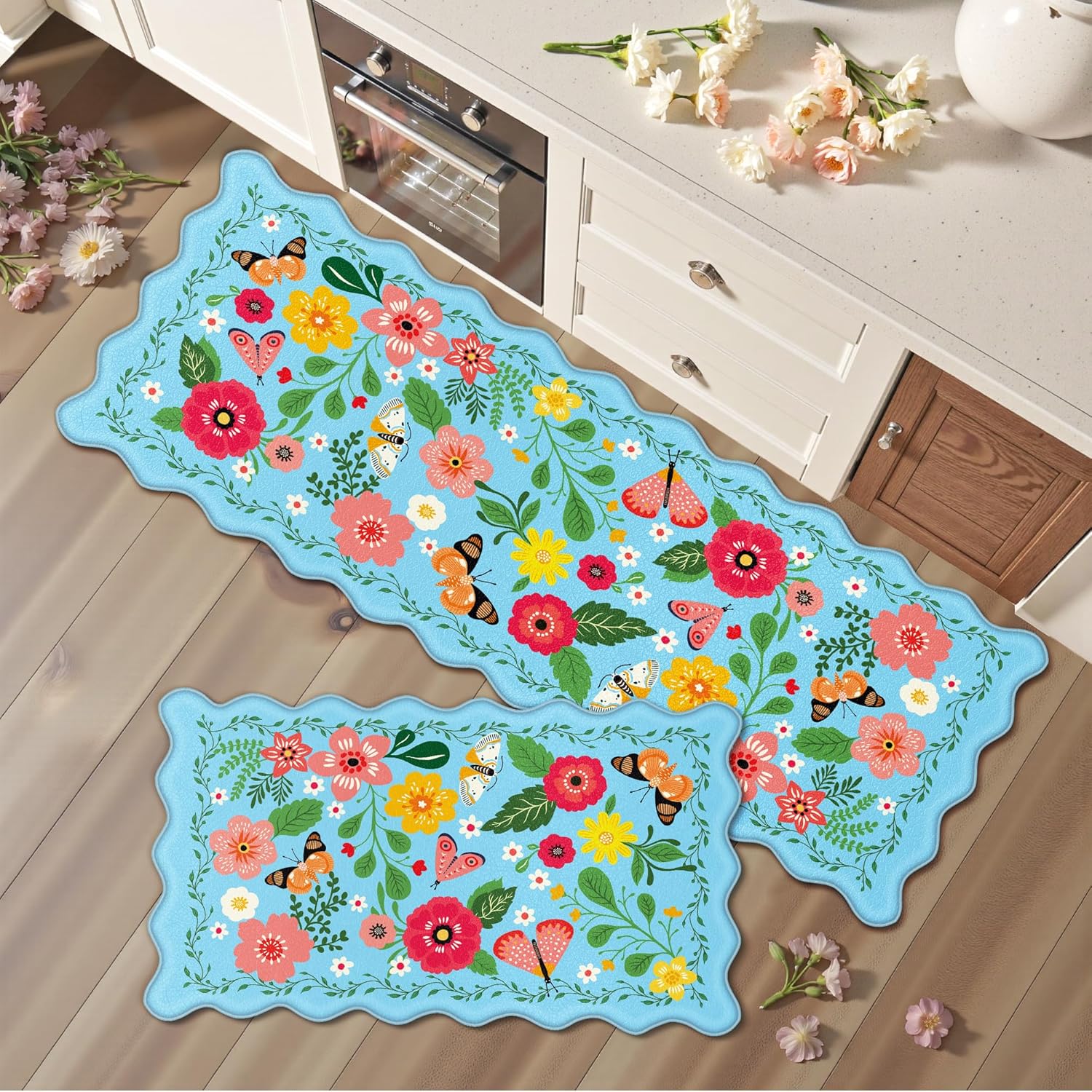 Scalloped Blue Kitchen Mats for Floor - Cushioned Anti Fatigue