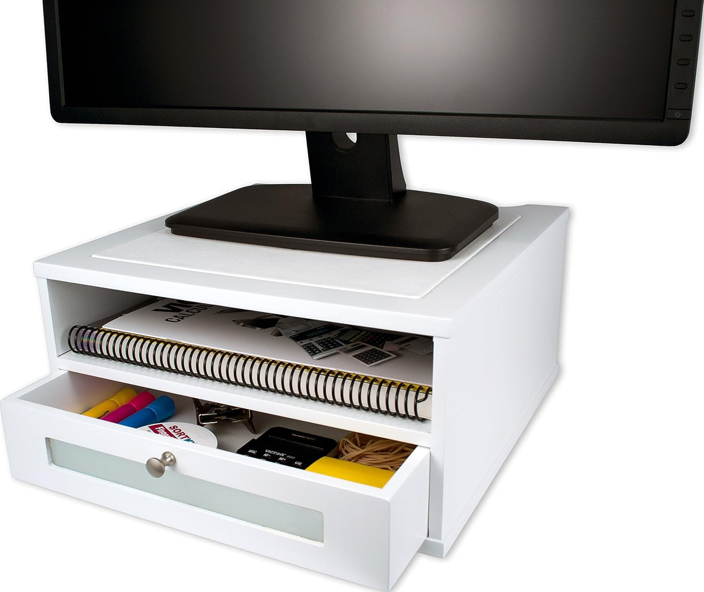 Victor Wood Monitor Riser with Open Shelf and Drawer Storage