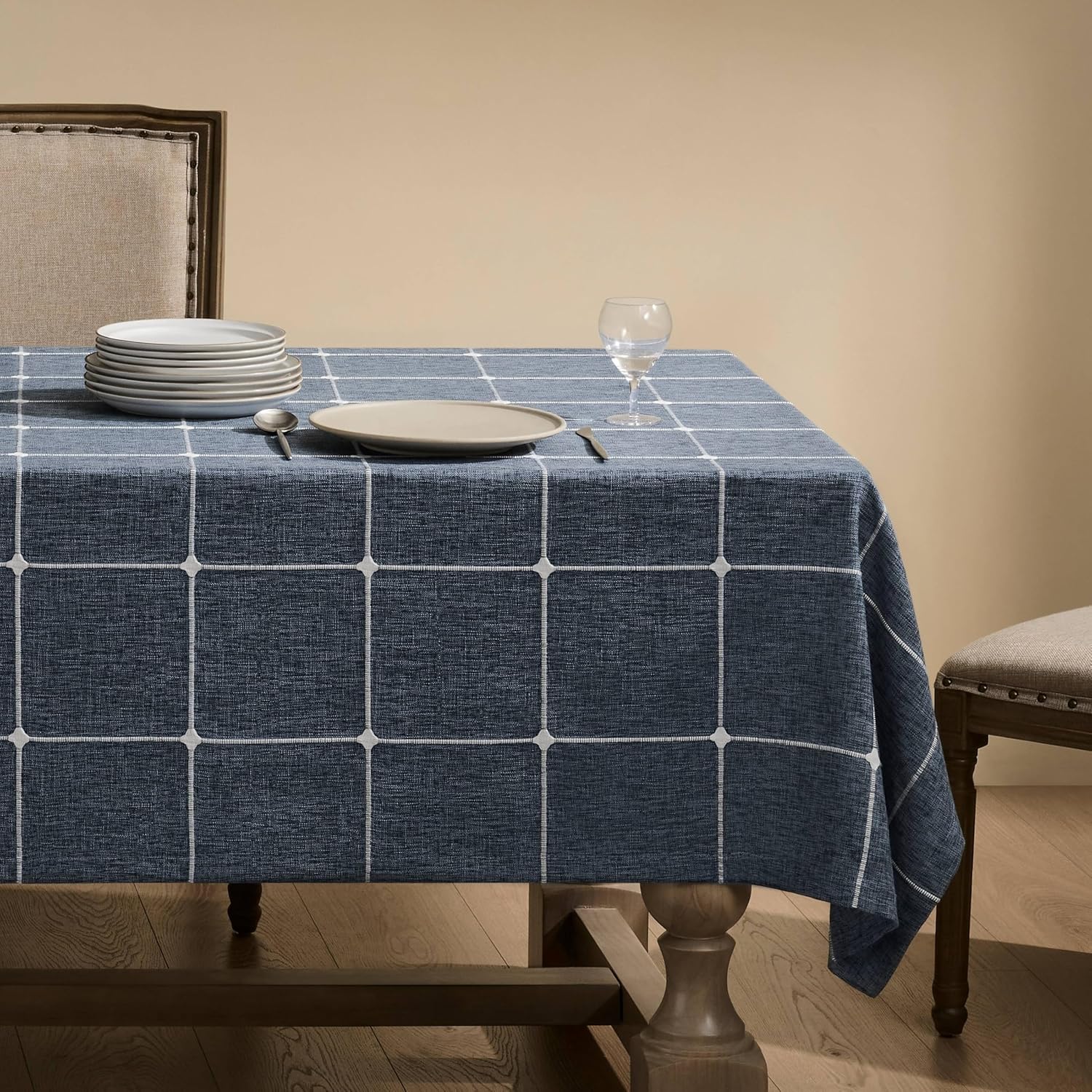 ZeeMart Grid Embroidered Hemmed Tablecloths for Farmhouse Style