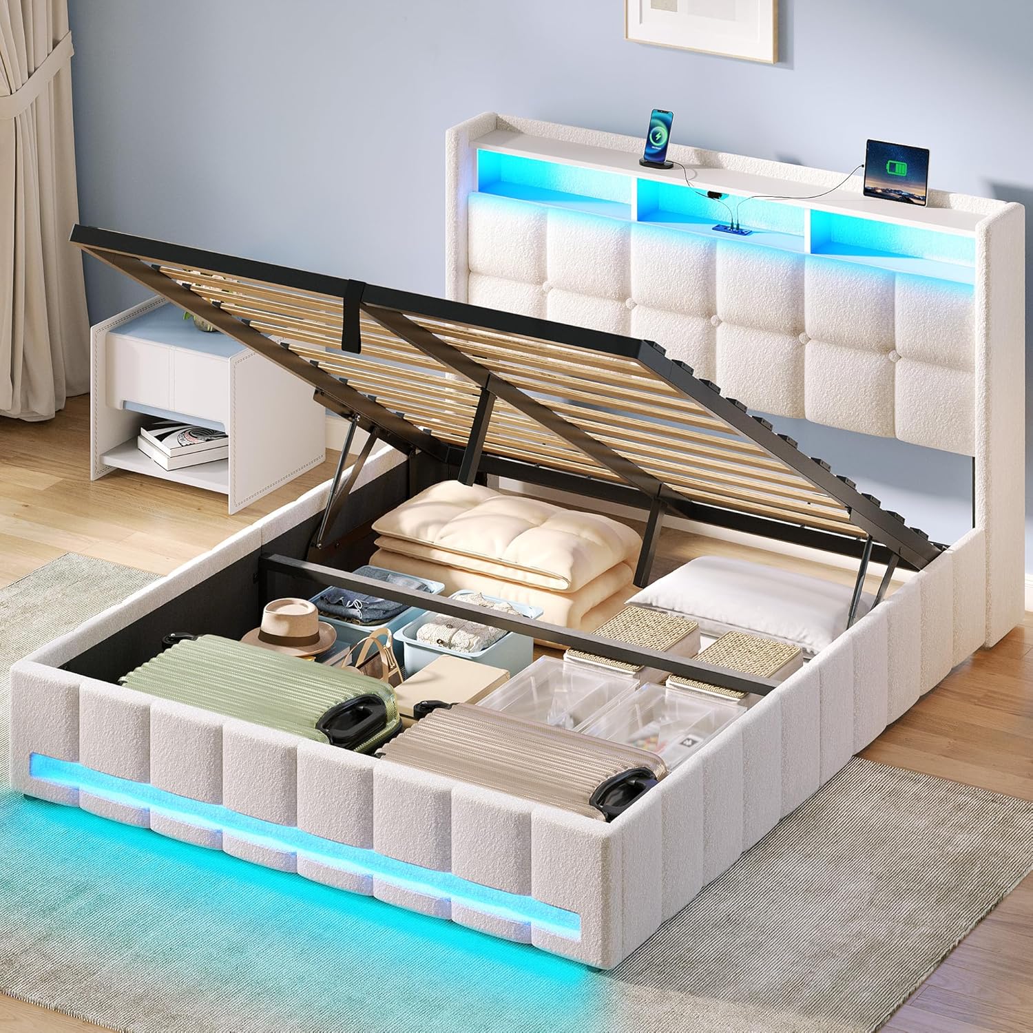 Rolanstar Full Size Bed Frame with Lift Up Storage & LED Lights