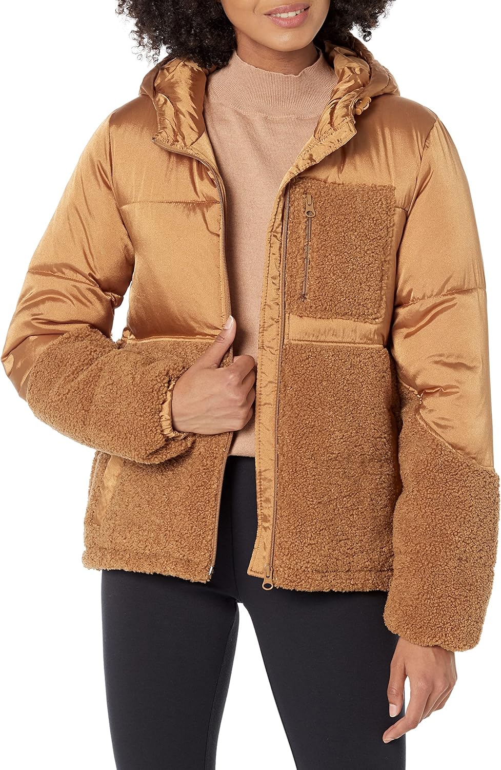 Full-Zip Sherpa Fleece Hooded Puffer Jacket for Women