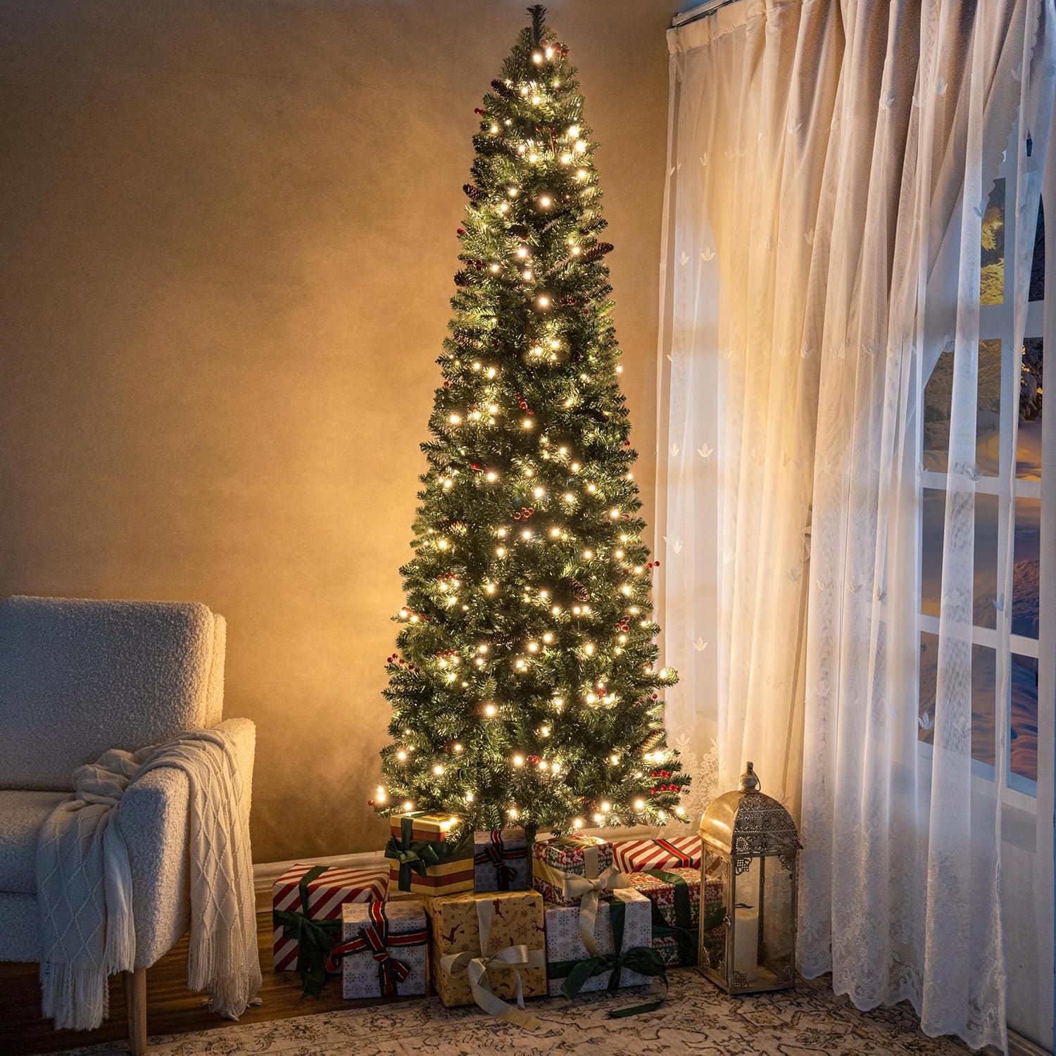 Belen 6.5ft Pencil Christmas Tree Prelit with Pine Cones