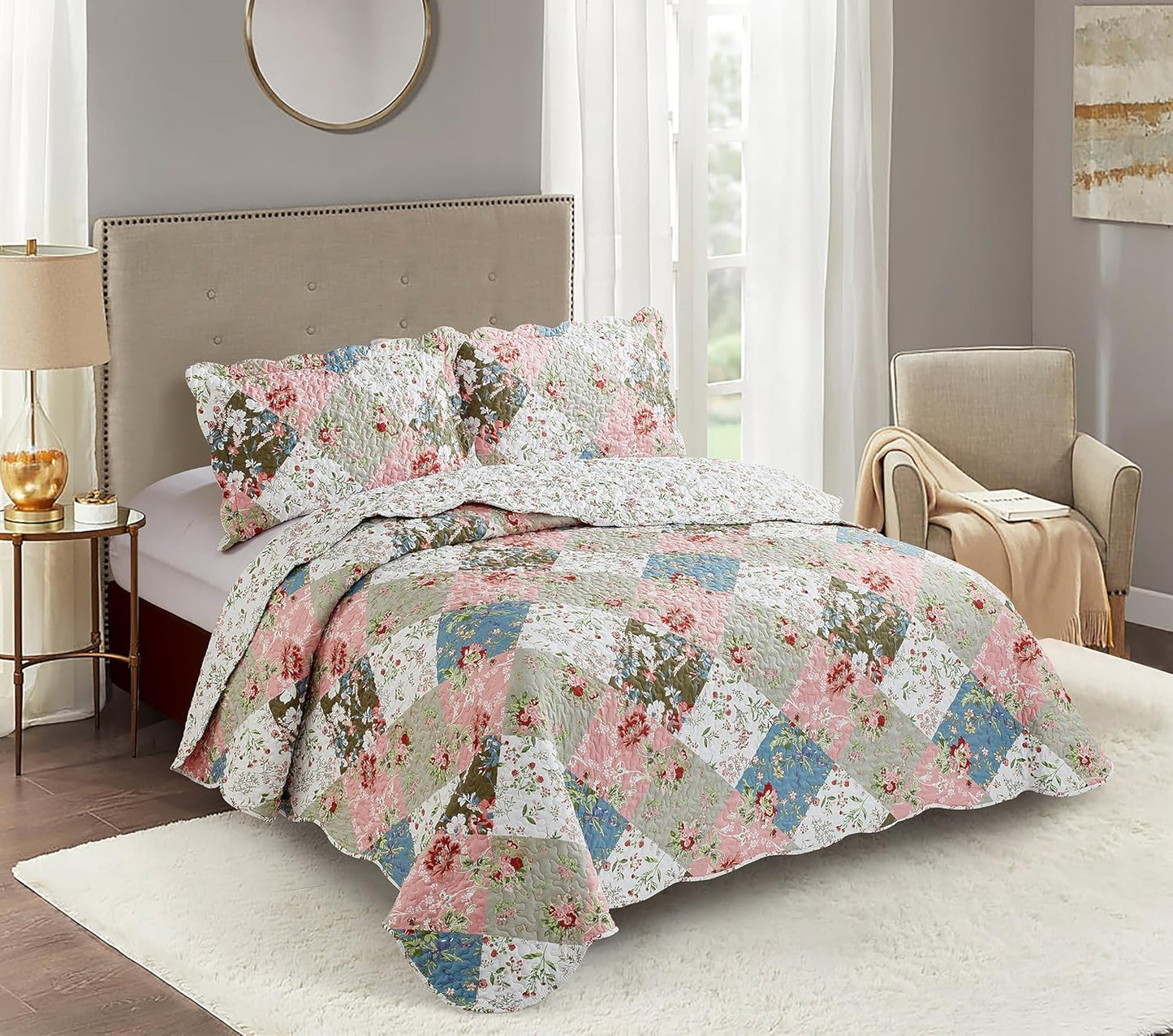 Brilliant Sunshine Peach and Olive Flowers Quilt Set for All Seasons