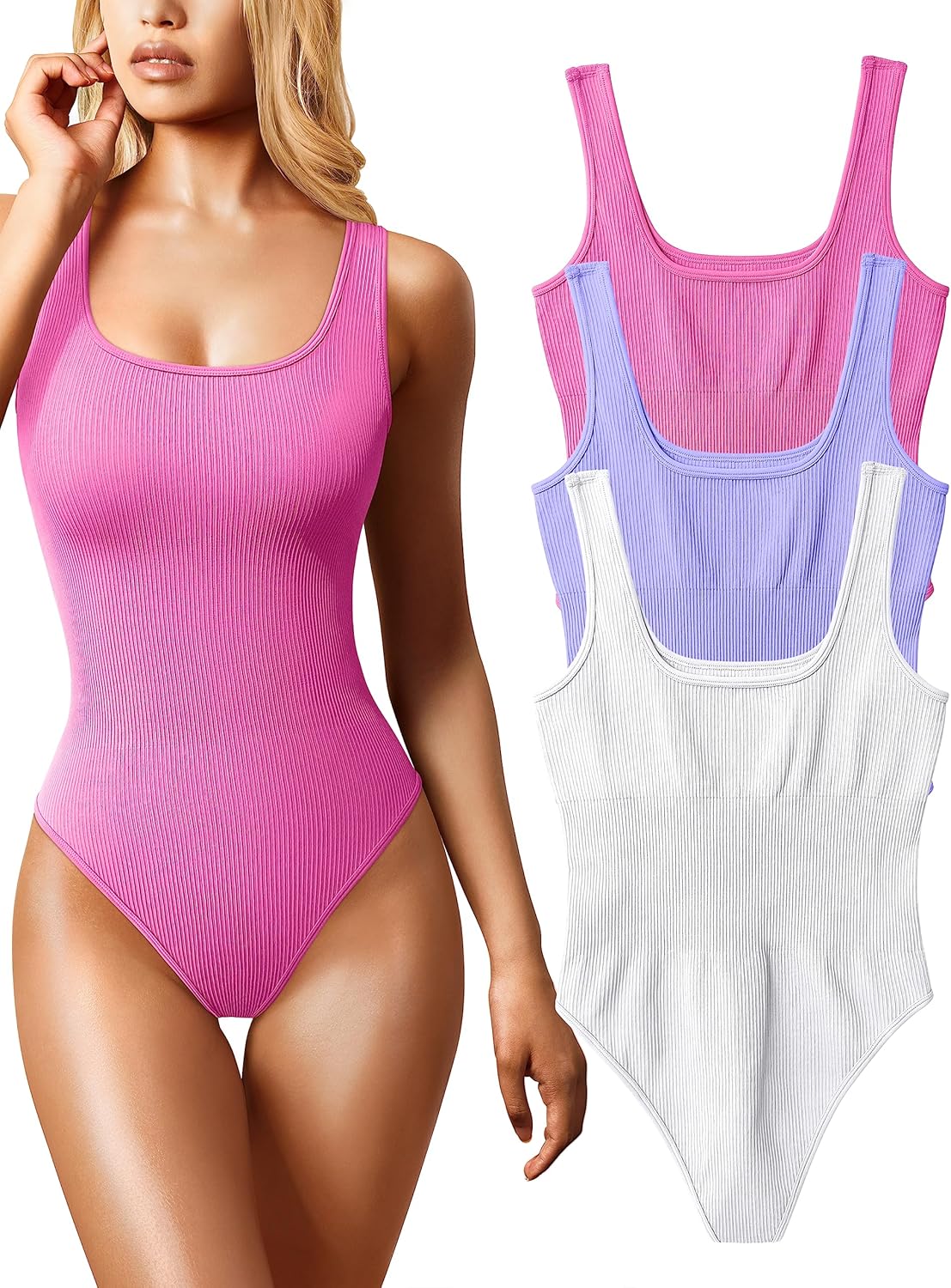 OQQ Women's 3 Piece Bodysuits: Sexy Ribbed Sleeveless Tops