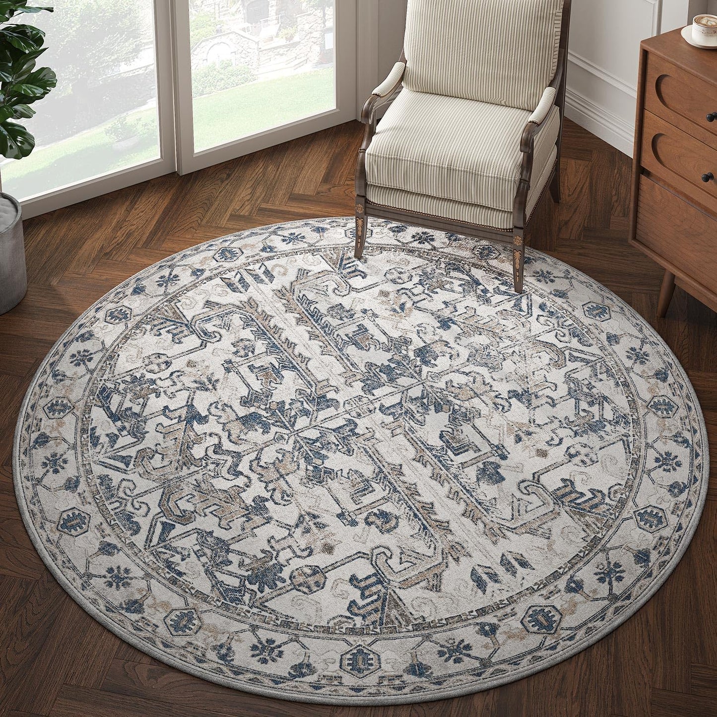 jinchan Round Rug 6ft Vintage Non-Slip Floral Print Carpet