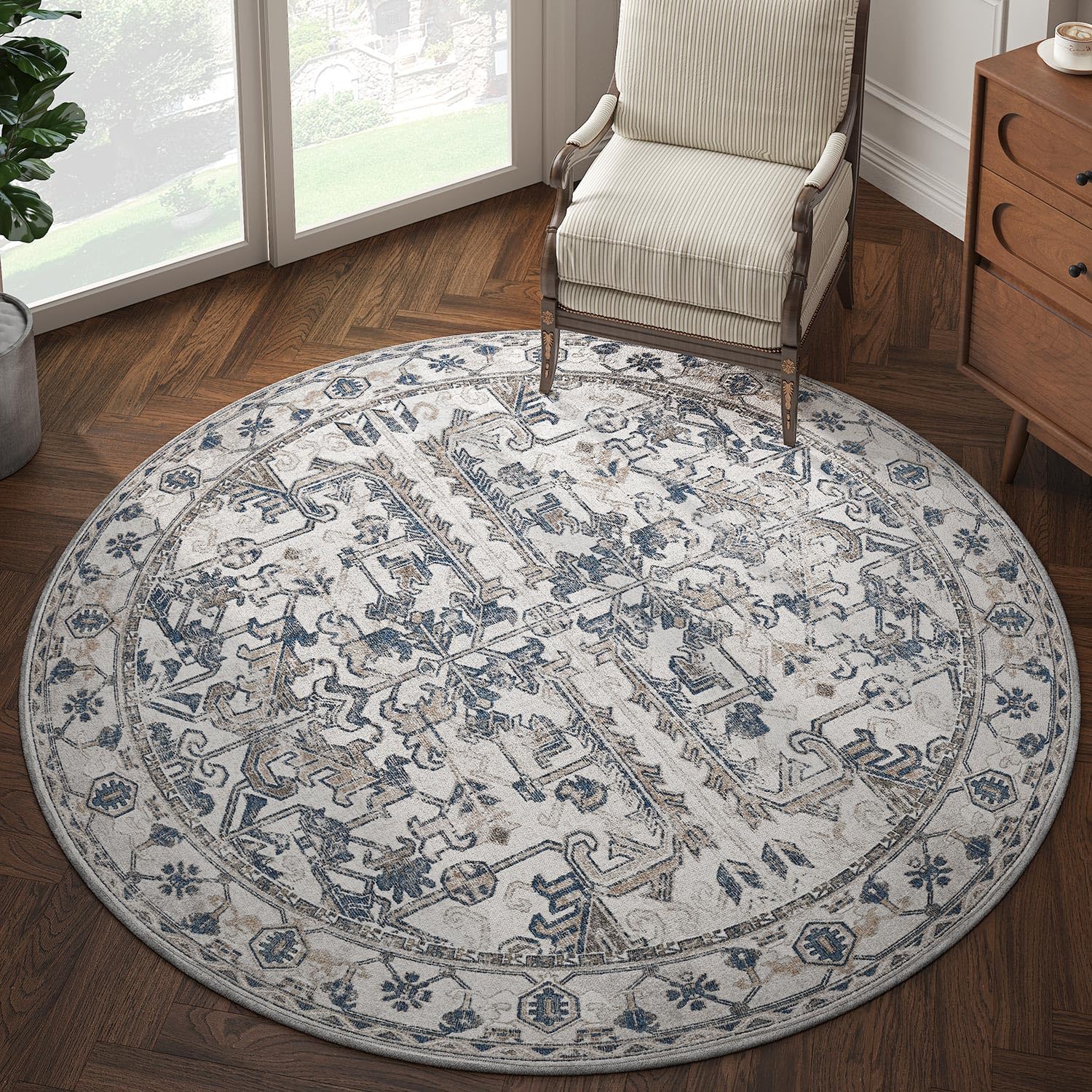 jinchan Round Rug 6ft Vintage Non-Slip Floral Print Carpet