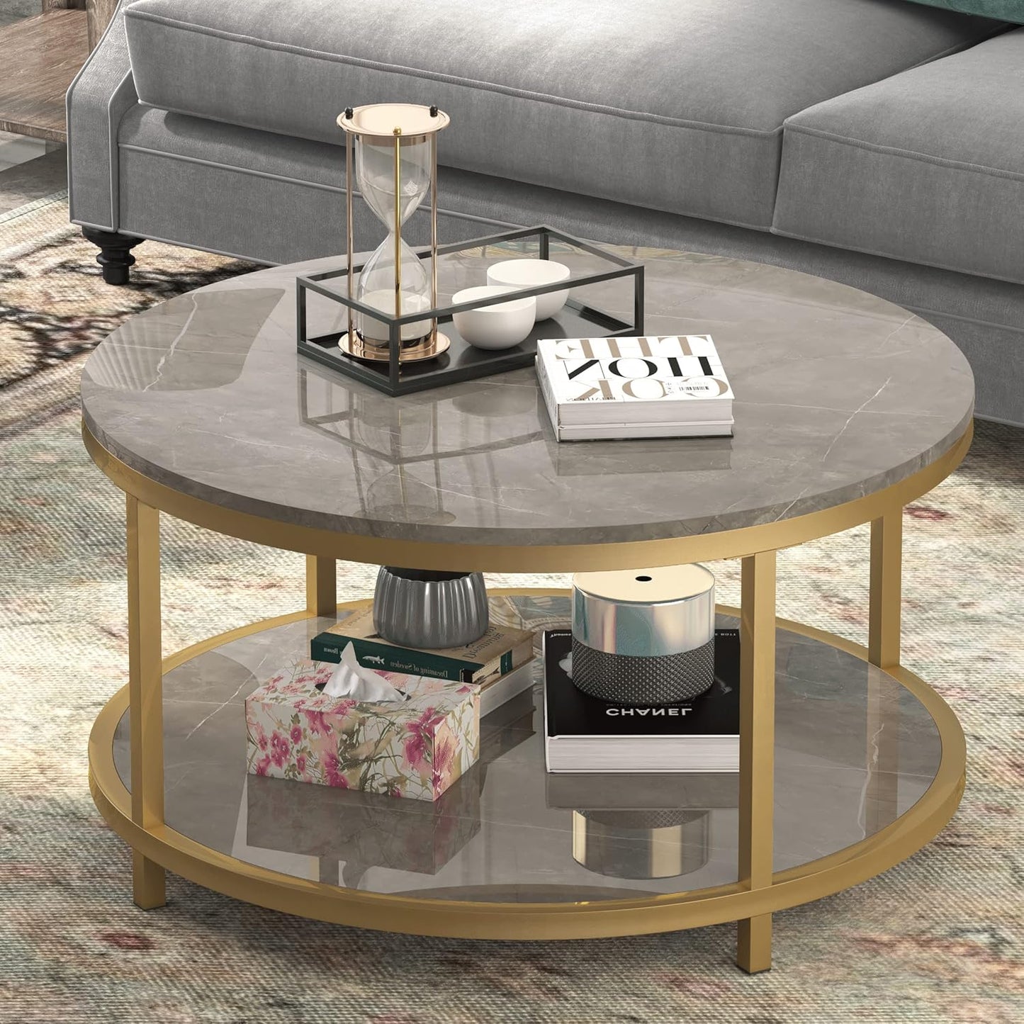 Glam Circle Coffee Table with Storage Shelf