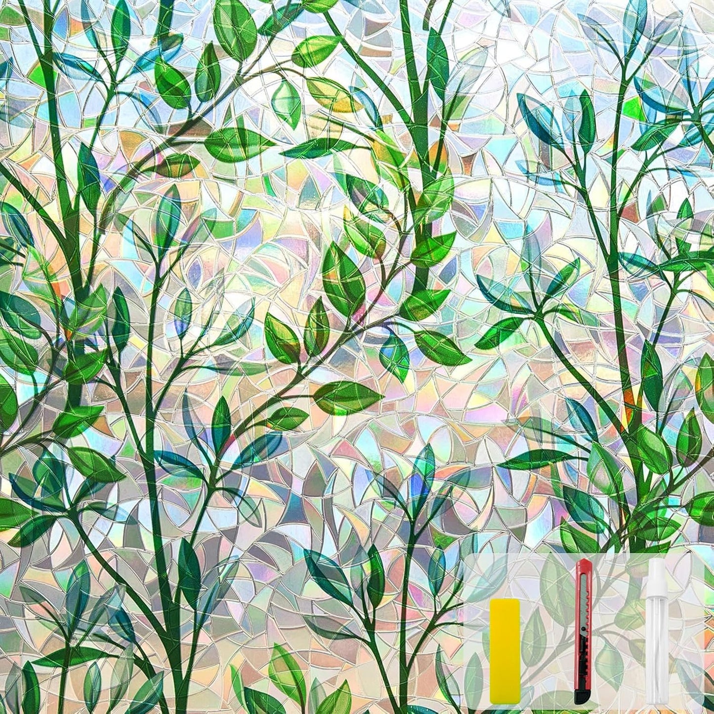 Window Privacy Film with Leaf Rainbow Design for Home Decor
