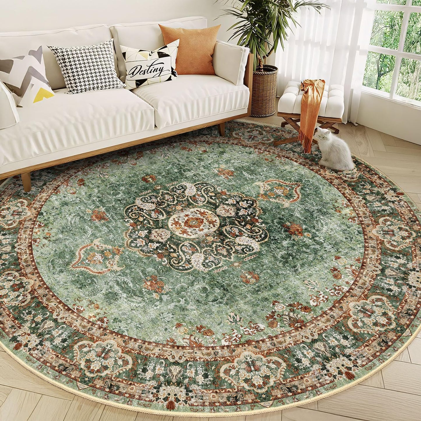 Round Rug 9ft Large Green Circle Area Rug for Living Room