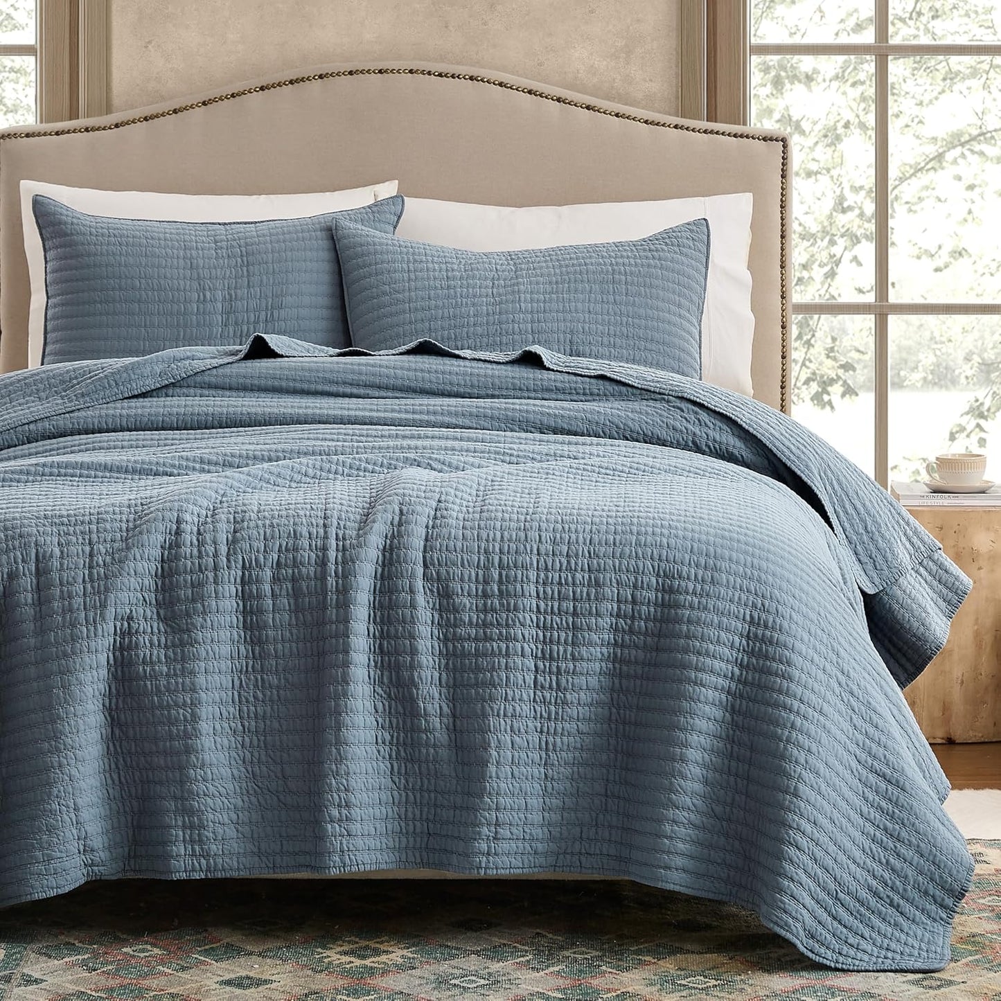 100% Cotton King Size Quilt Set - Blue Striped Soft Bedspread
