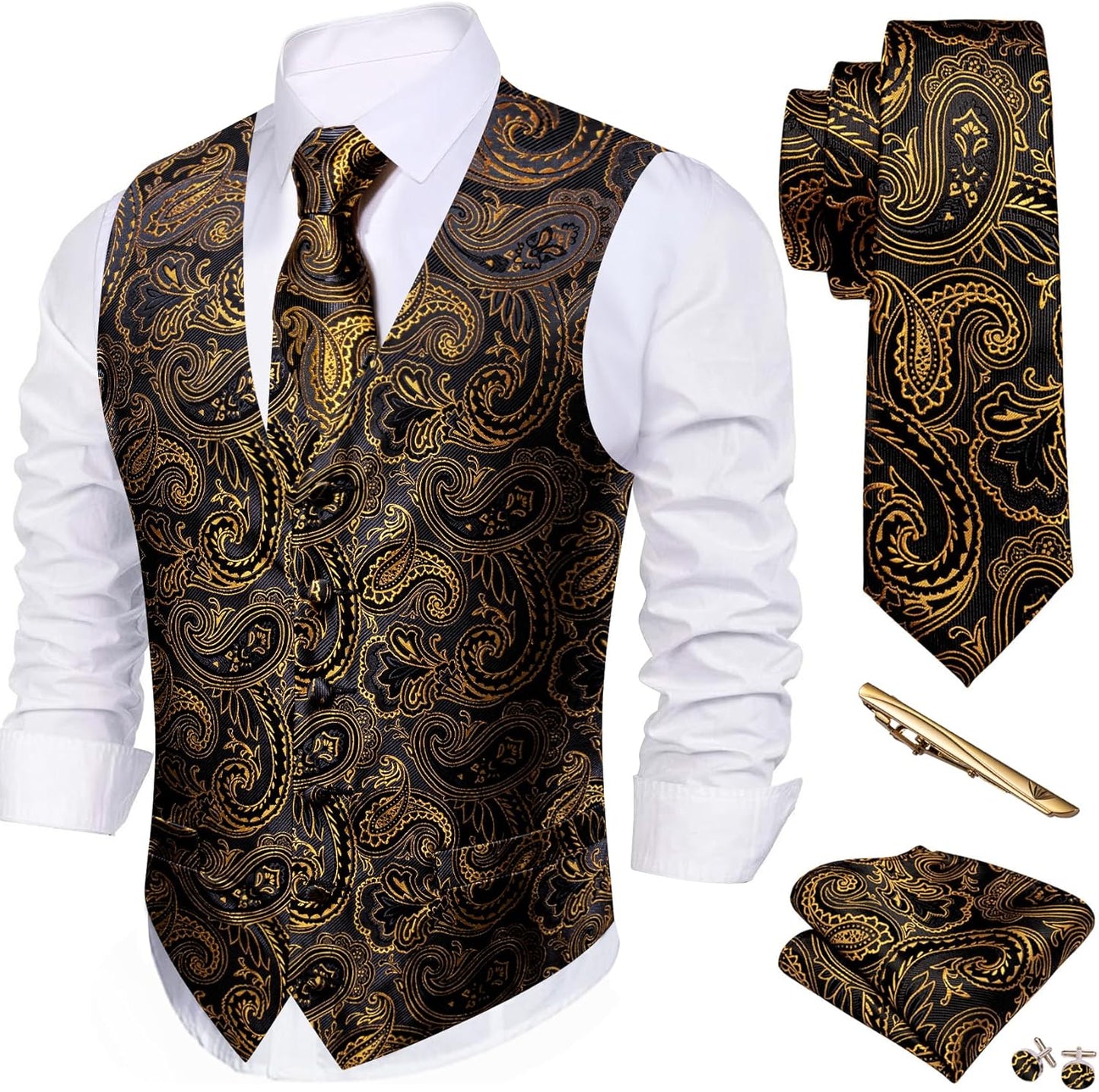 Barry.Wang Men's Suit Vest Set with Tie and Pocket Square