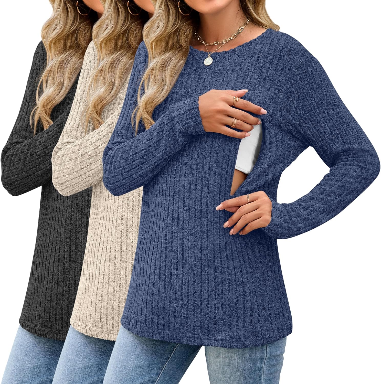 3 Pack Women's Nursing Long Sleeve Tops for Breastfeeding Comfort