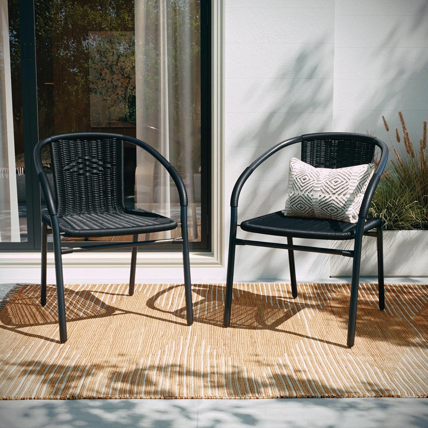 Set of 2 Modern Rattan Indoor/Outdoor Stack Chairs for Comfort
