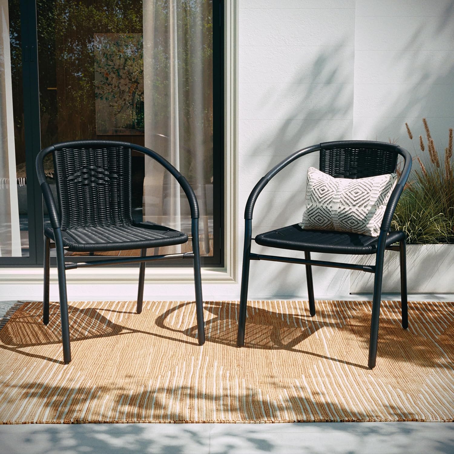 Set of 2 Modern Rattan Indoor/Outdoor Stack Chairs for Comfort