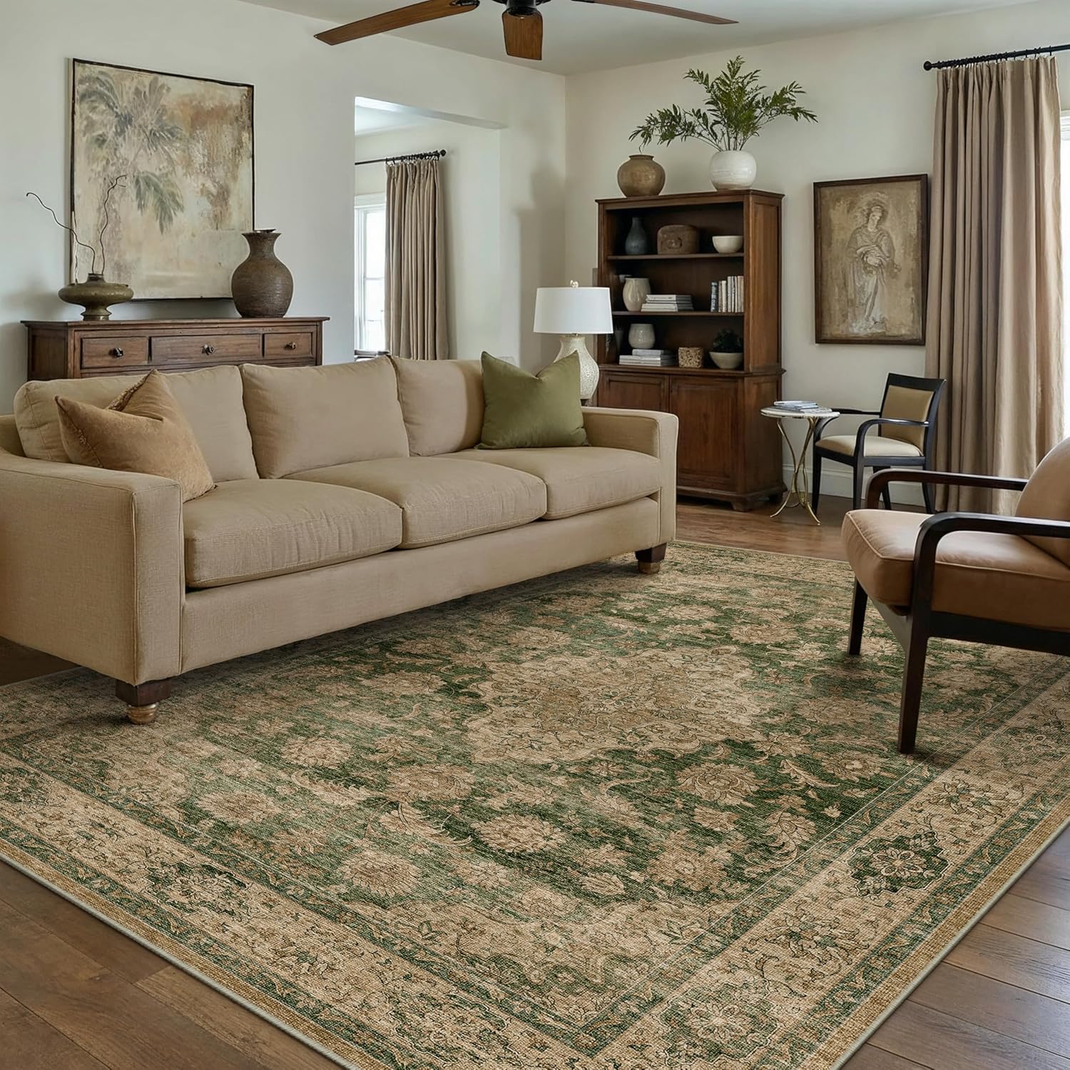 Retro Green Area Rug 6x9 for Living Room and Bedroom Use