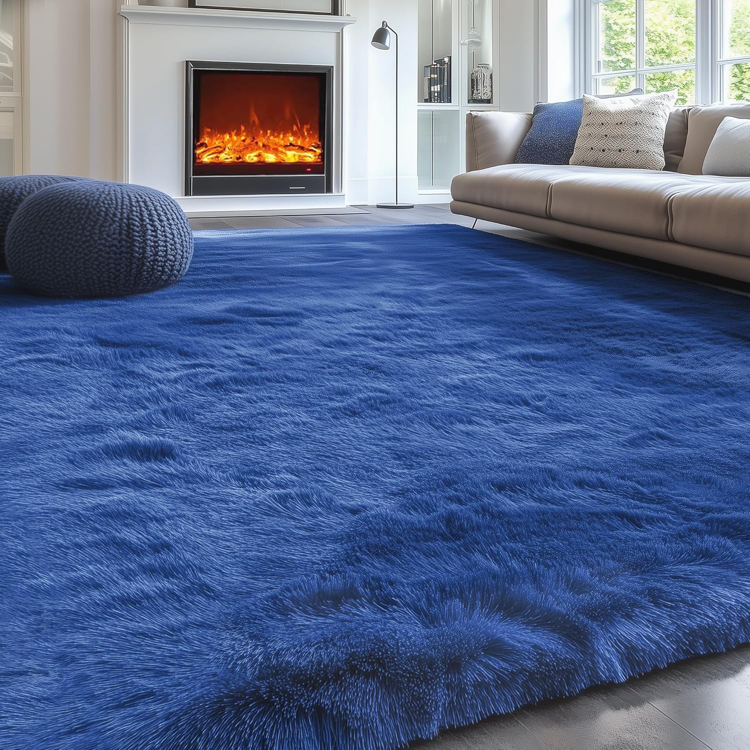 PAGISOFE Navy Blue Rug 5x8 Ft Fluffy Shag for Living Room