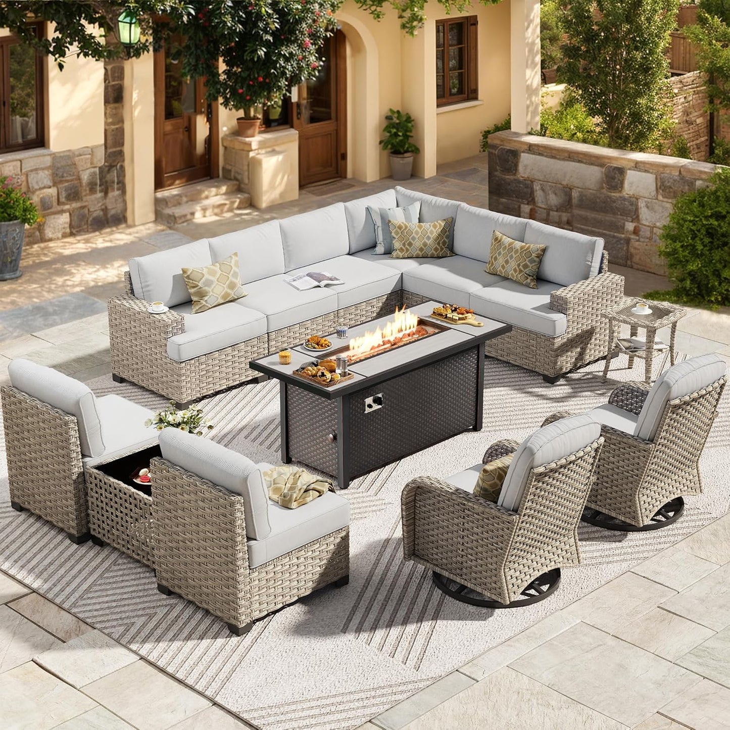 HOOOWOOO Outdoor Sectional Patio Furniture Set with Fire Pit