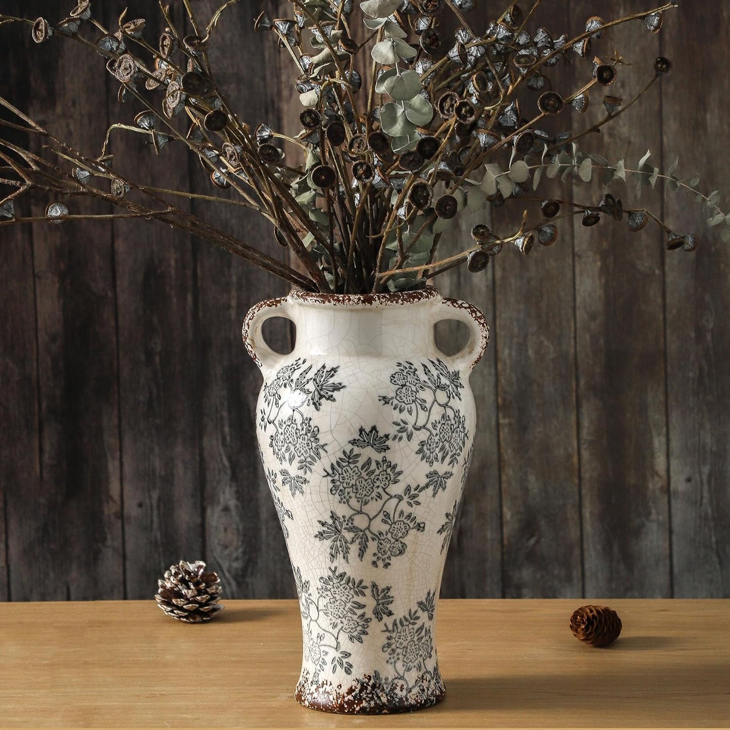 Enra Vintage Blue and White Ceramic Flower Vase for Home Decor