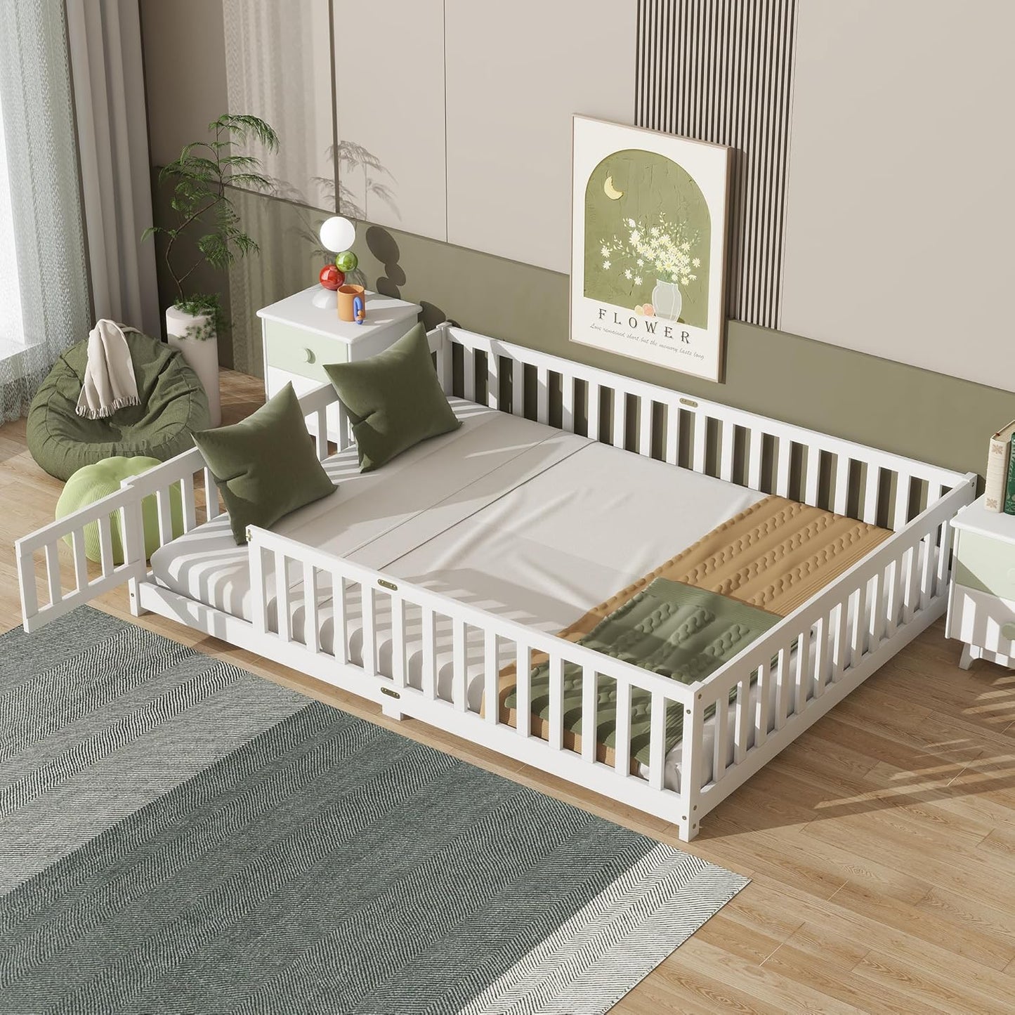 Queen Size Floor Bed with Fence and Door for Kids Safety