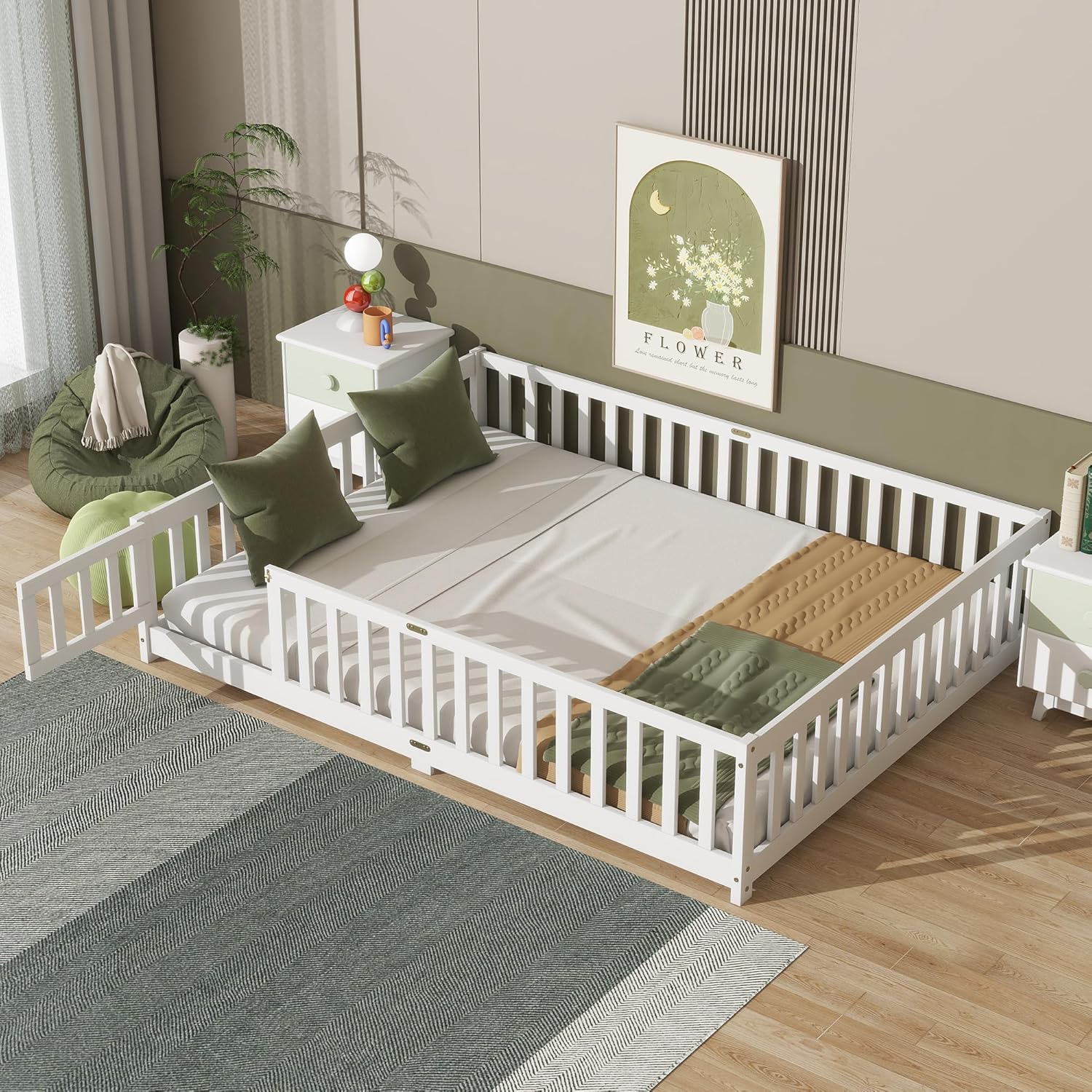 Queen Size Floor Bed with Fence and Door for Kids Safety