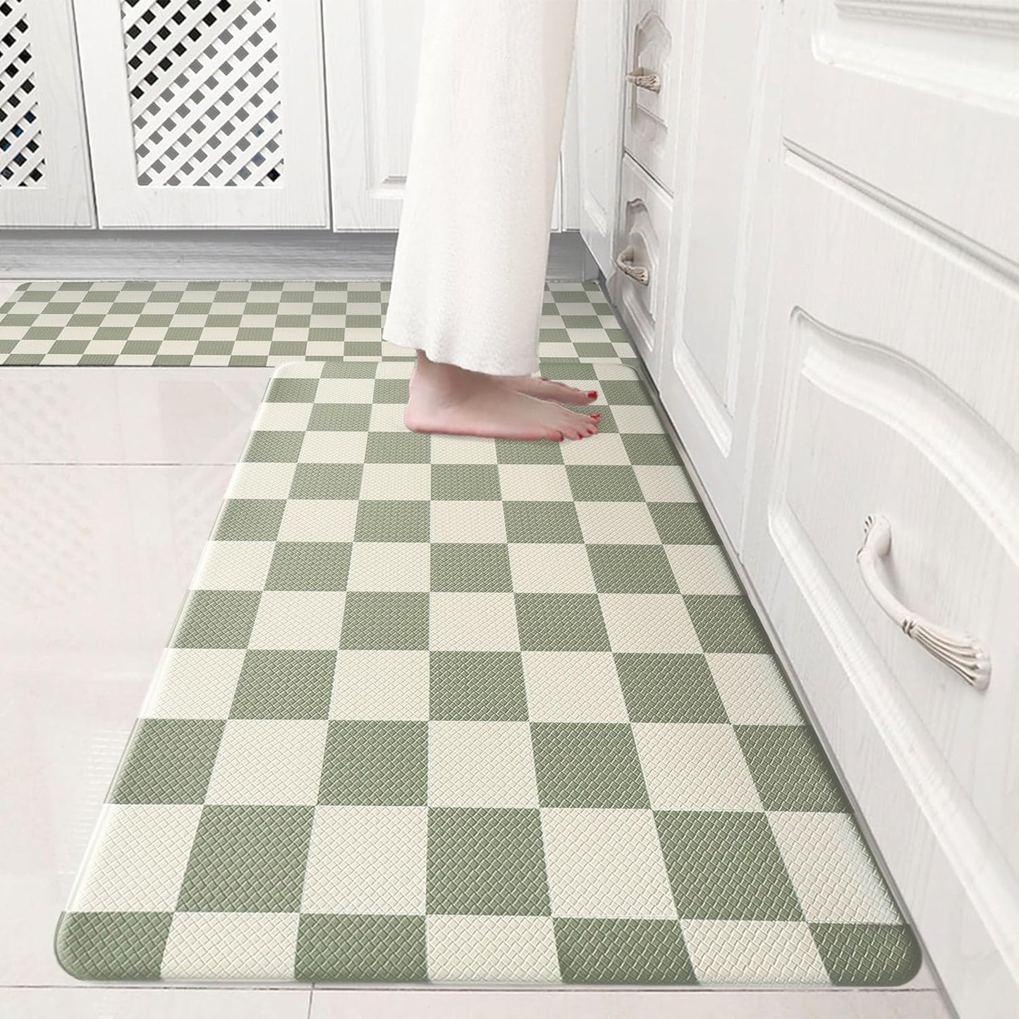 Beige Sage Checkered Grid Kitchen Rug Set for Comfort and Style