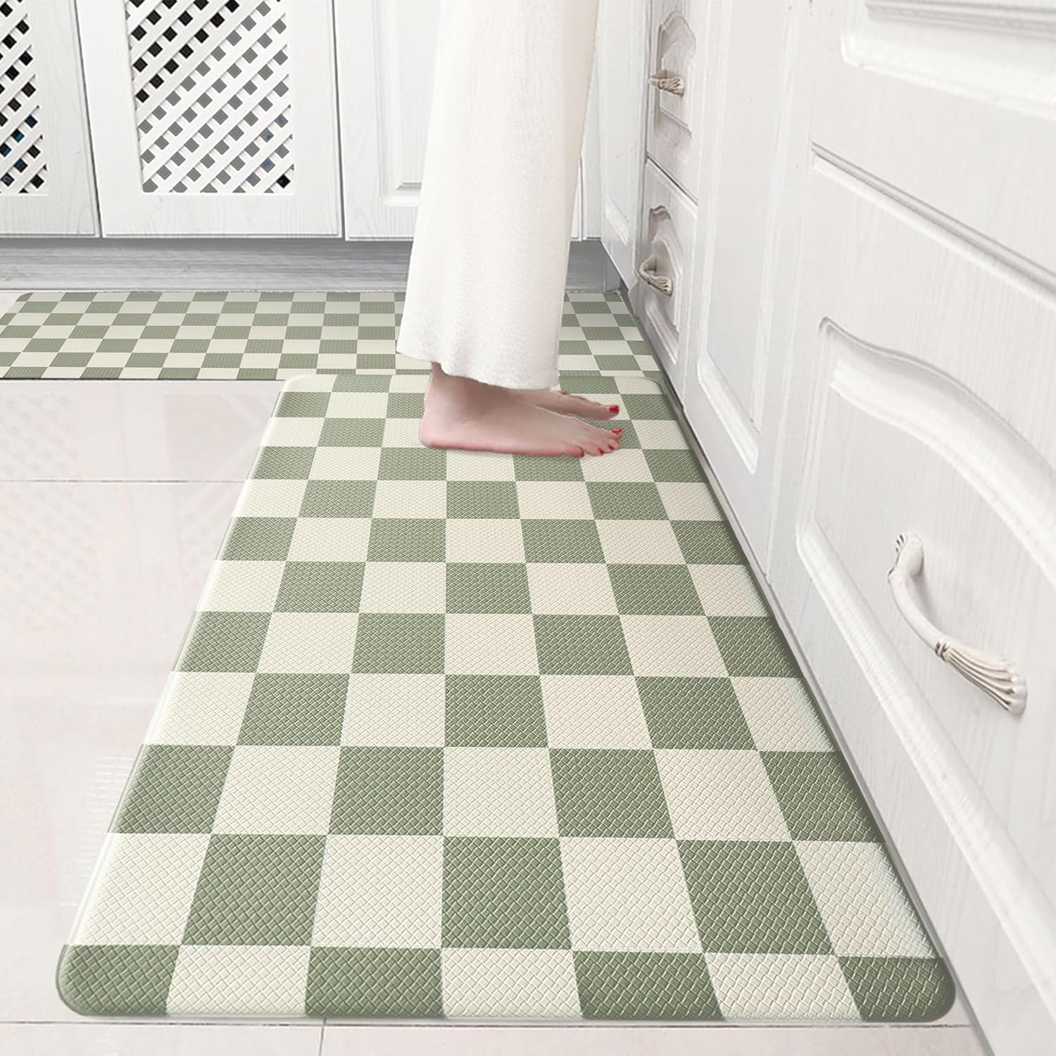 Beige Sage Checkered Grid Kitchen Rug Set for Comfort and Style