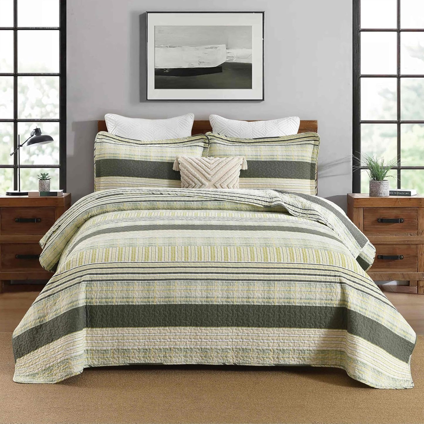 Cotton Queen Quilt Set - Lightweight Army Green Comforter