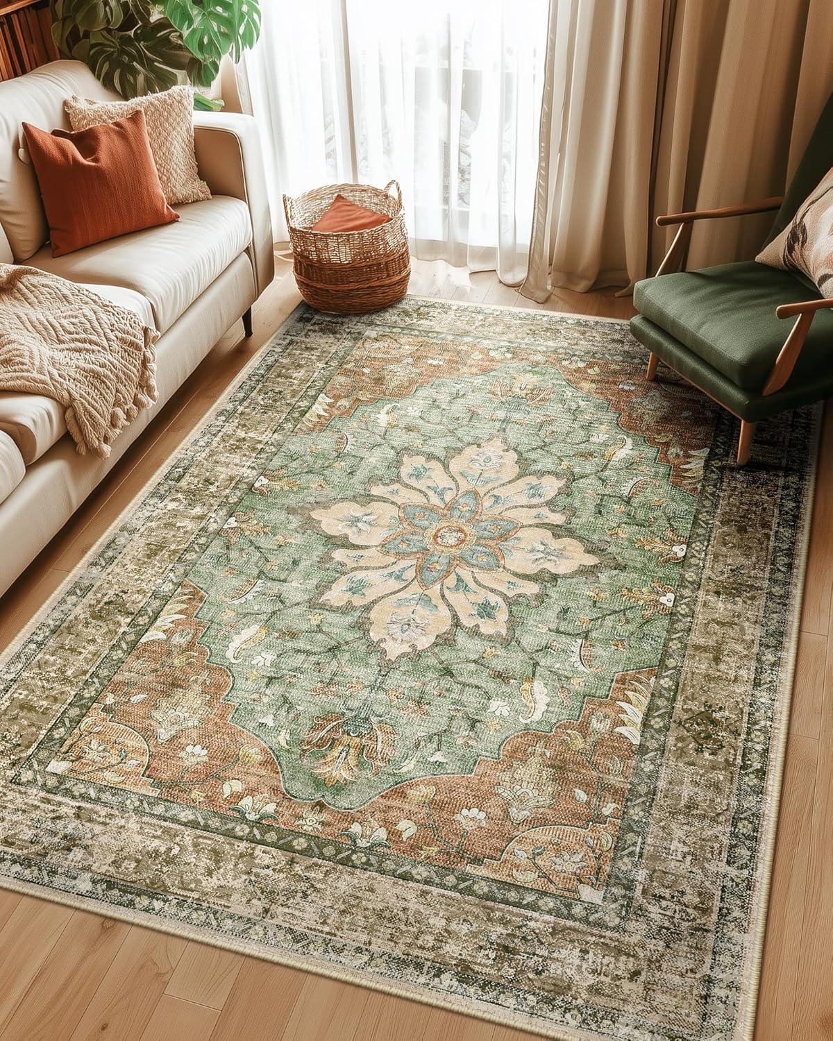 Floral Vintage Distress Print Area Rugs 5ftx8ft Washable Non-Slip