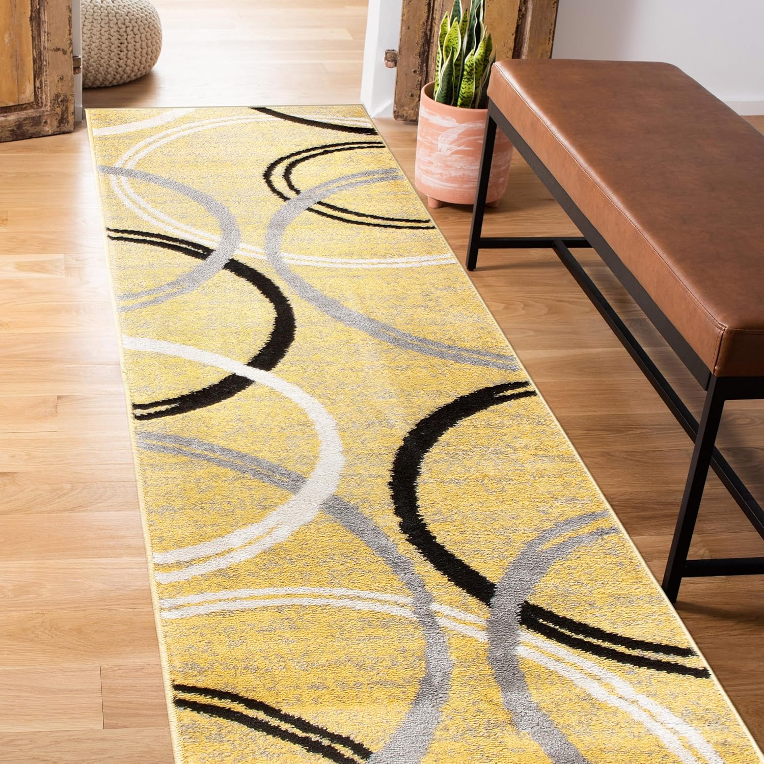 Wavy Circles Design Runner Rug for Hallway, Entryway, Kitchen