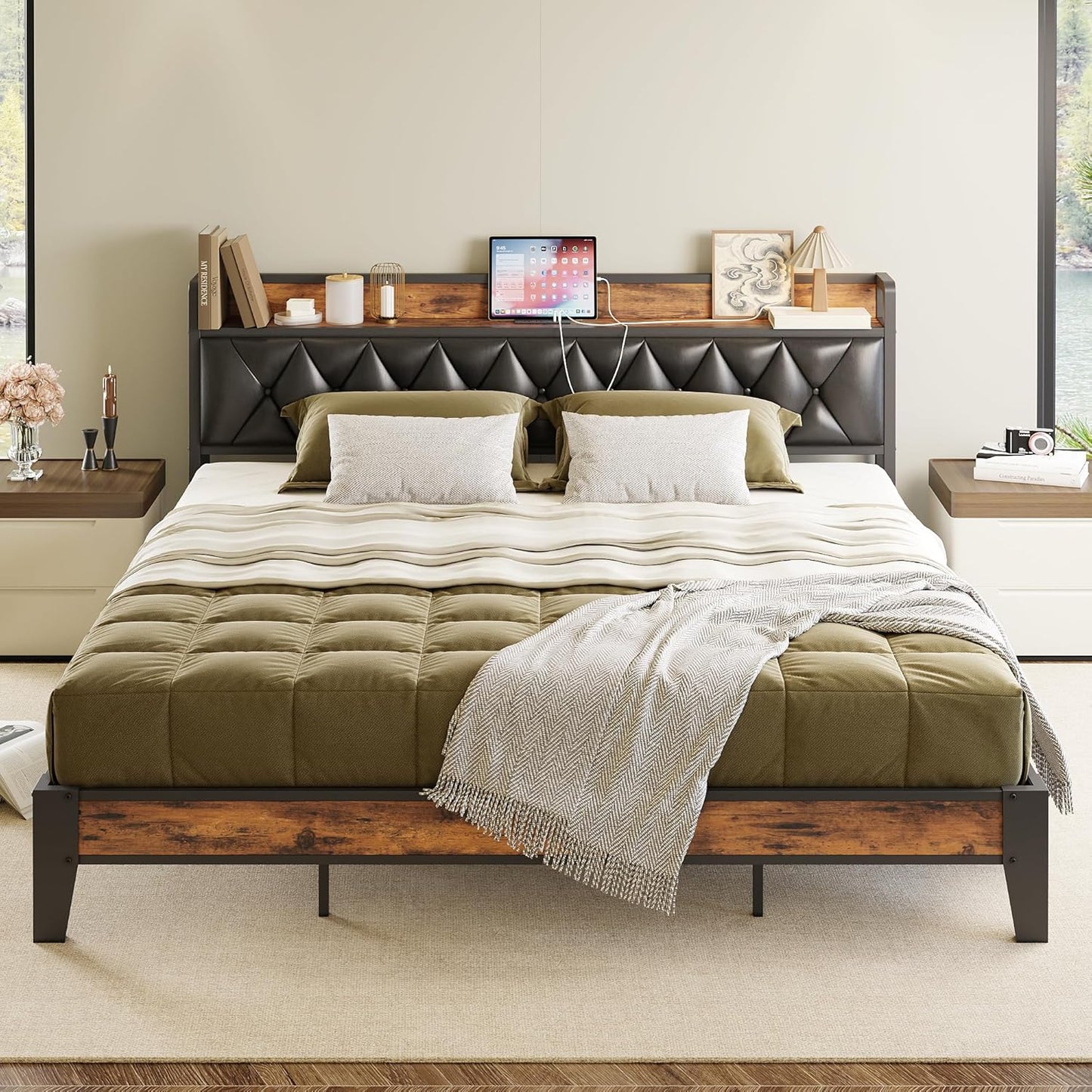 ANCOTOR King Bed Frame with Storage Headboard and Outlets