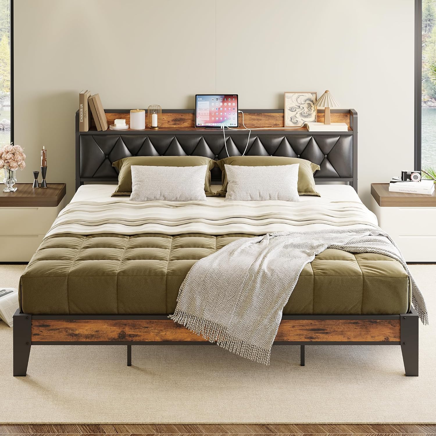 ANCOTOR King Bed Frame with Storage Headboard and Outlets