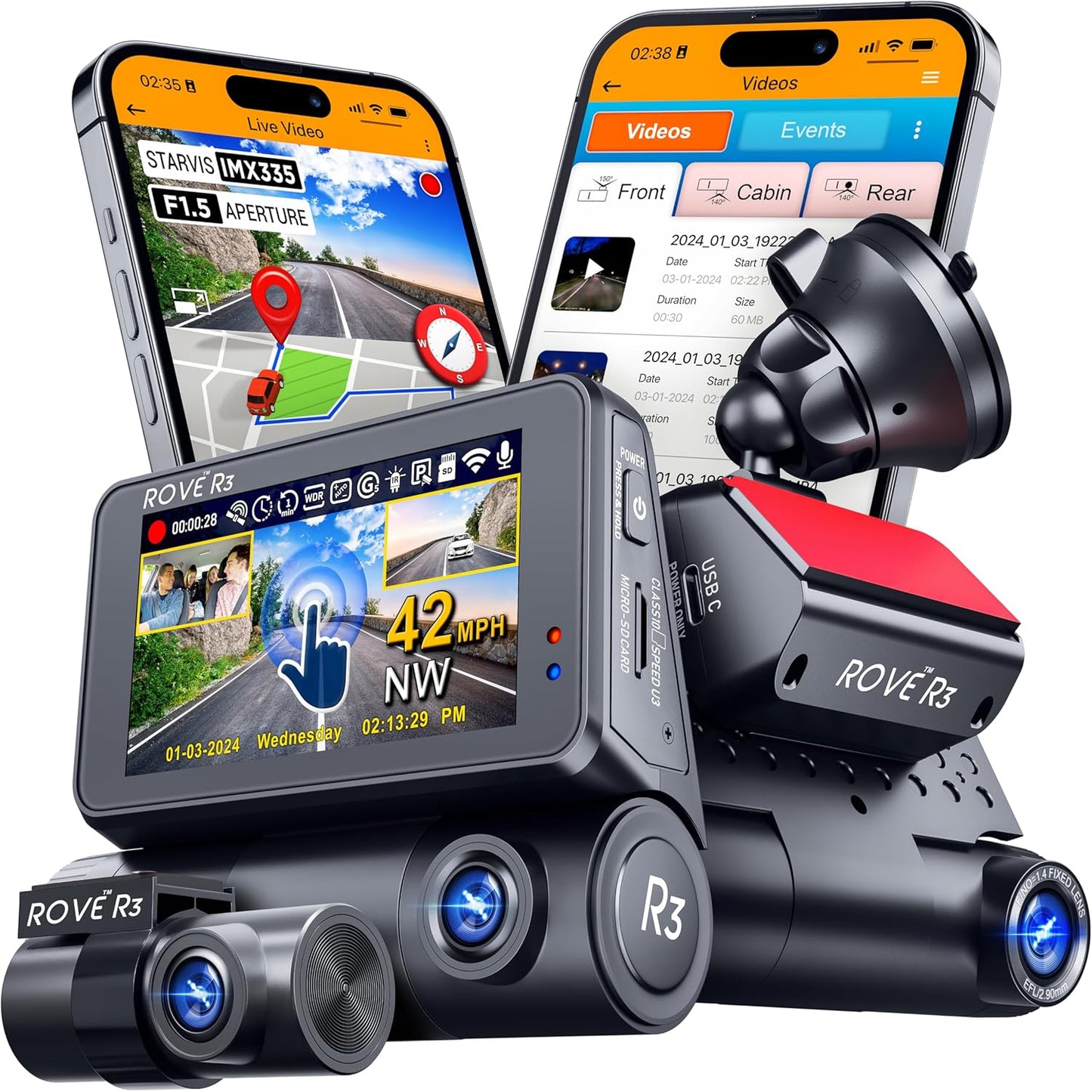 ROVE R3 Dash Cam Front and Rear with Cabin, 3 Channel 1440P