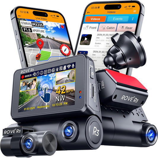 ROVE R3 Dash Cam Front and Rear with Cabin, 3 Channel 1440P