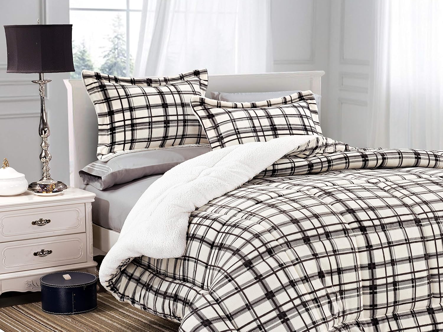 Elegant Comfort Heavy Weight Plaid Micromink Sherpa Comforter Set