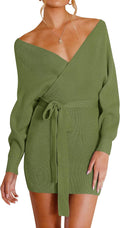 Women's Fall Batwing Sleeve Wrap V Neck Sweater Dress - Belted Mini