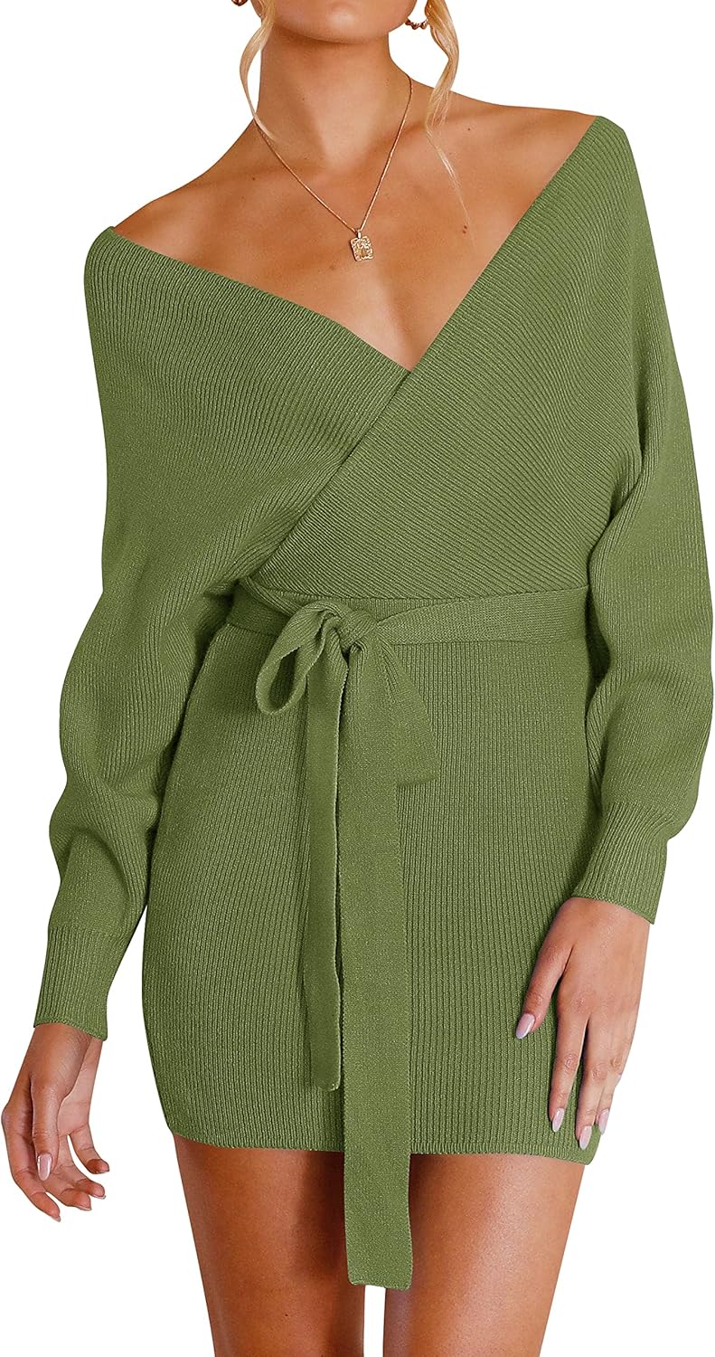 ZESICA Women's Fall Long Batwing Sleeve Wrap V Neck Dress