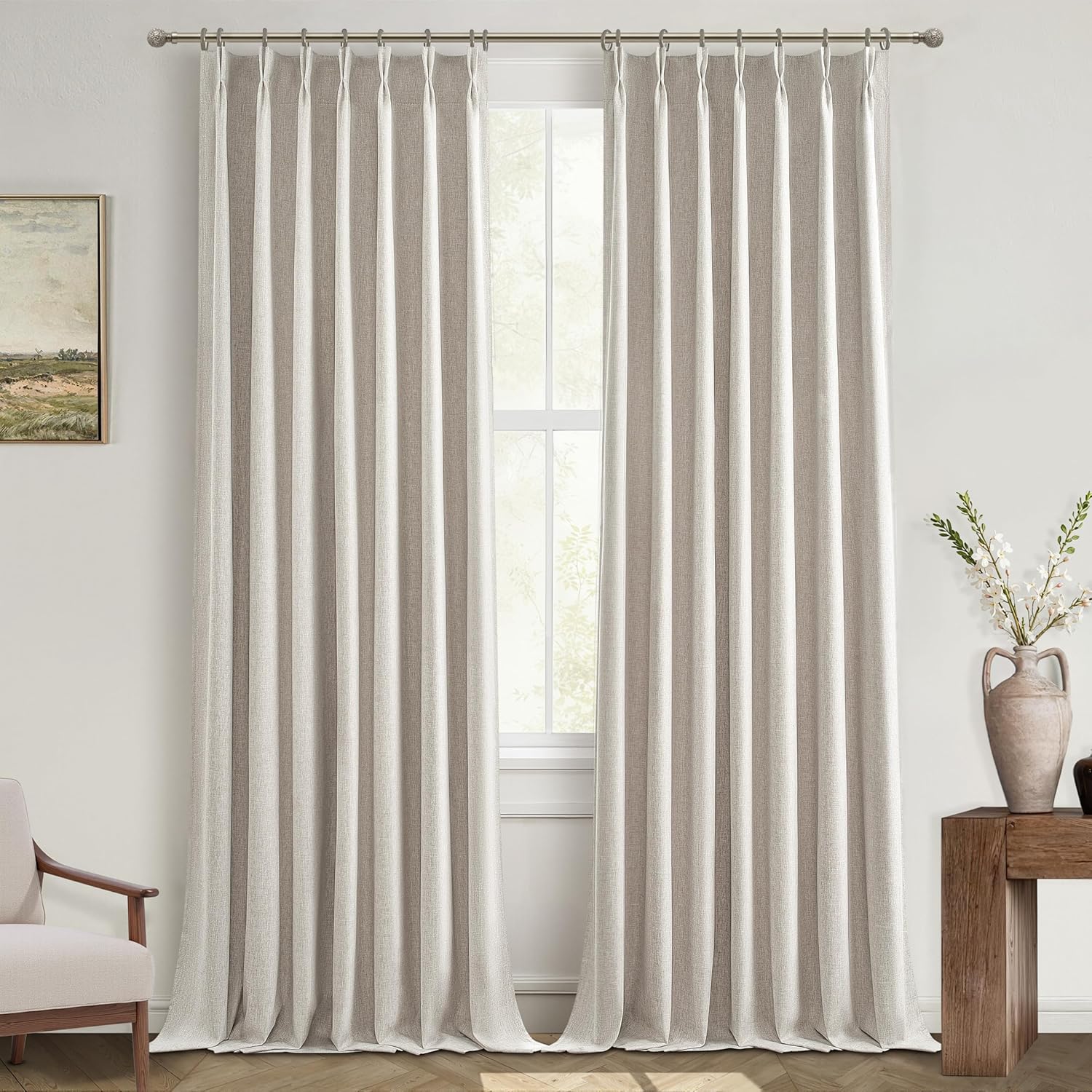 Pinch Pleated Cream Linen Blended Curtains for Complete Blackout