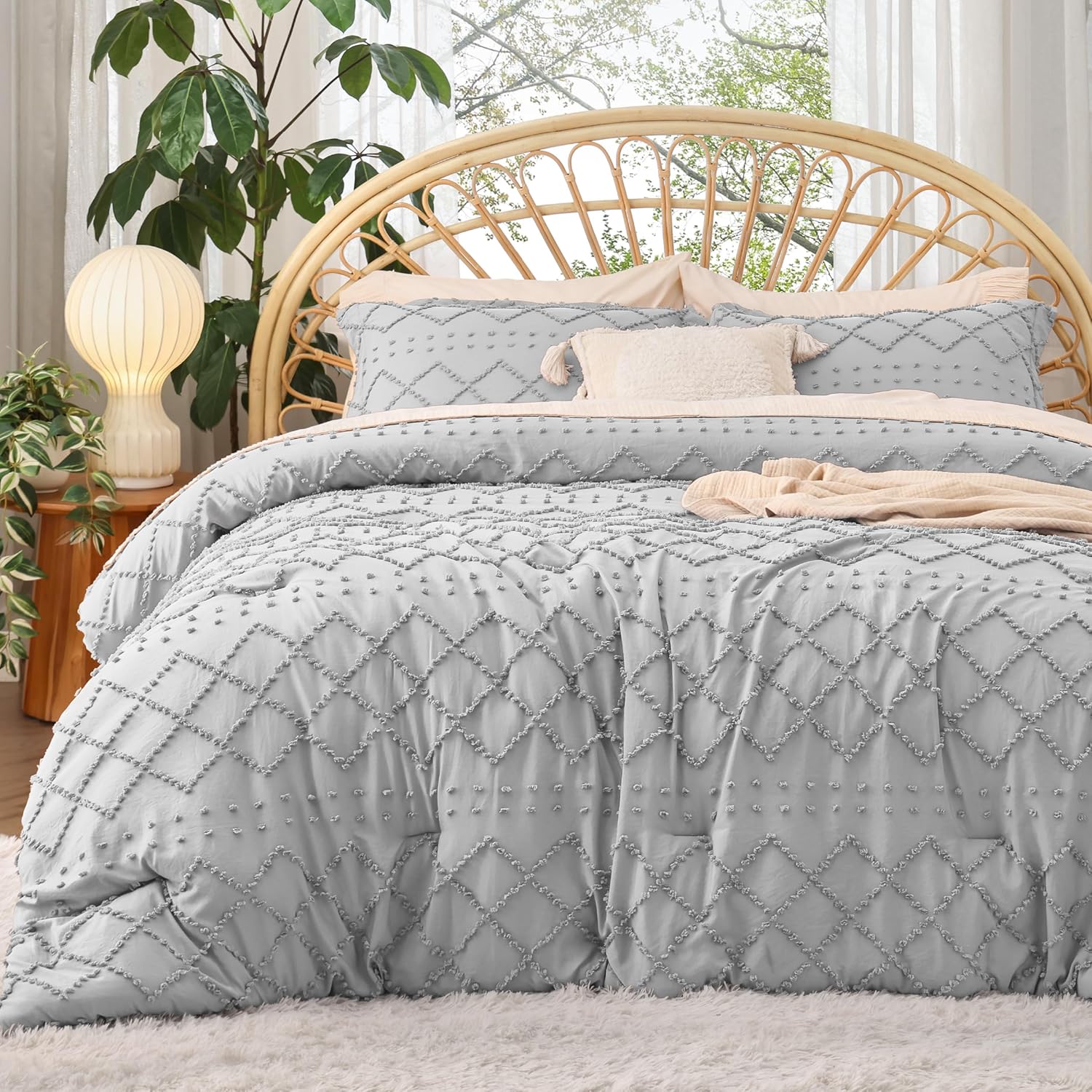Bedsure Full Comforter Set - Light Grey Boho Tufted Bedding