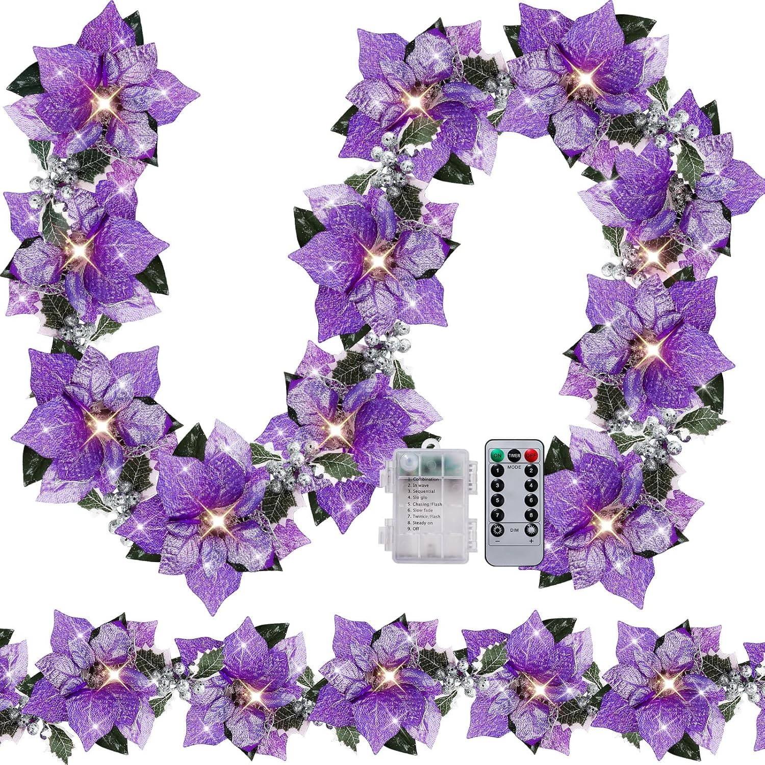 Prelit Poinsettia Christmas Garland with Remote Timer Function