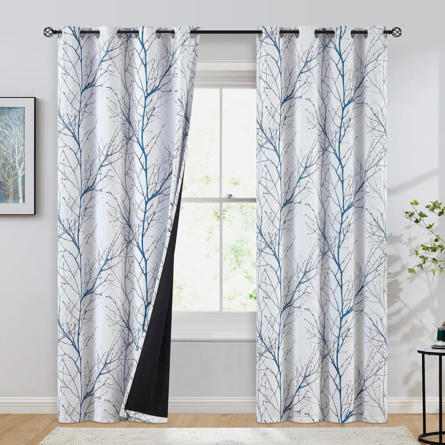 100% Blackout Curtains for Bedroom with Blue White Tree Design
