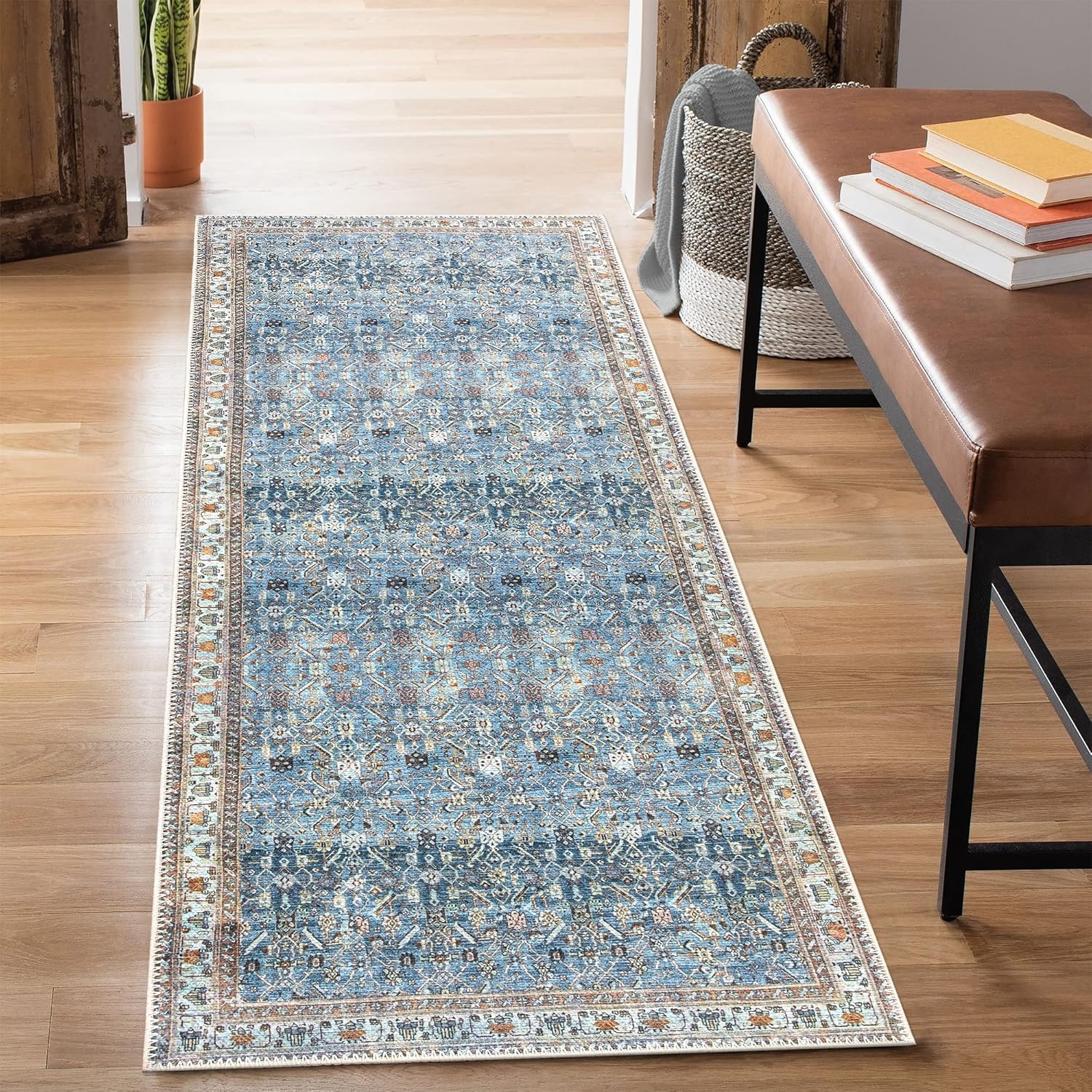 Bloom Rugs Washable Non-Slip 10 ft Runner - Blue/Beige Design