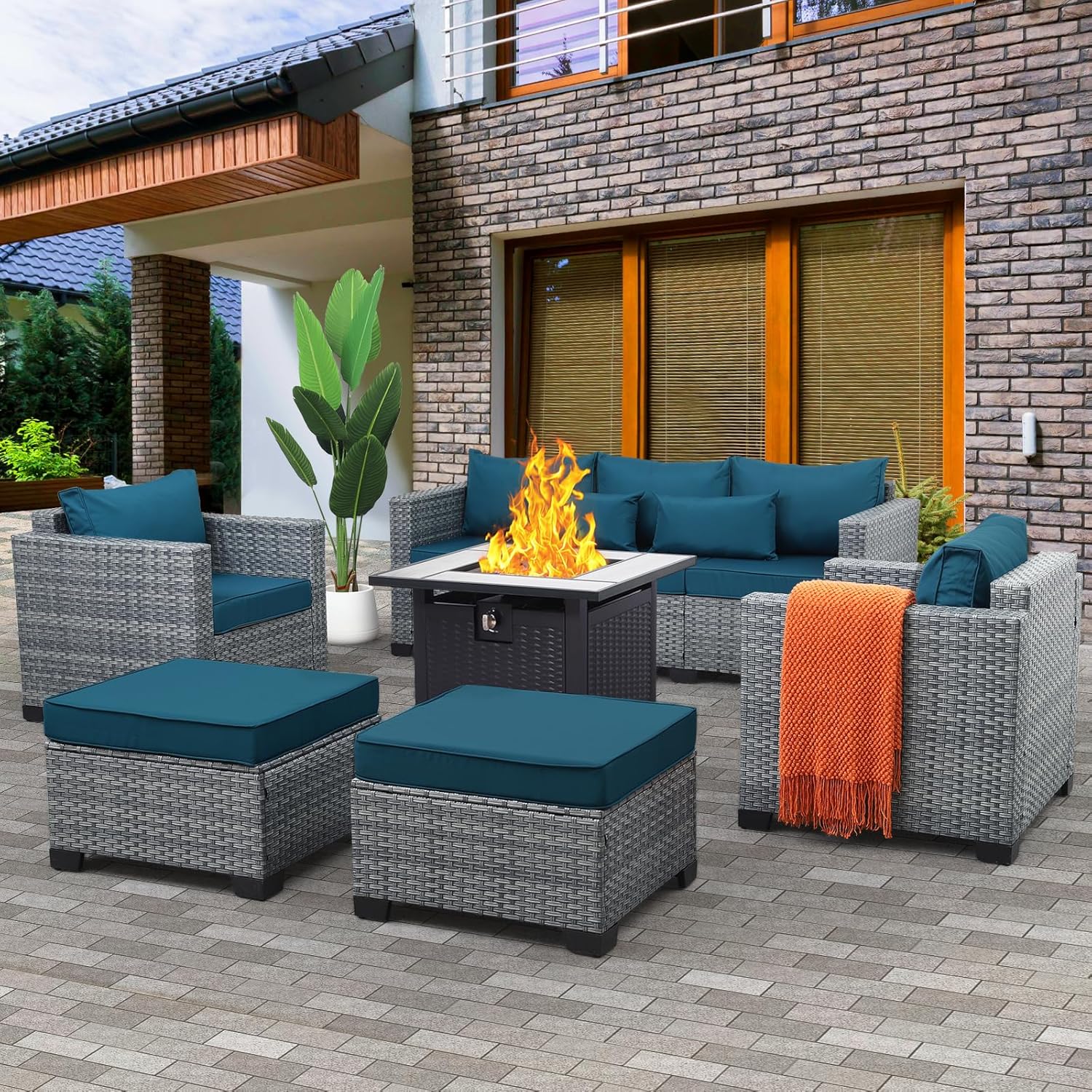 6 Pieces Wicker Patio Furniture Set with Fire Pit Table