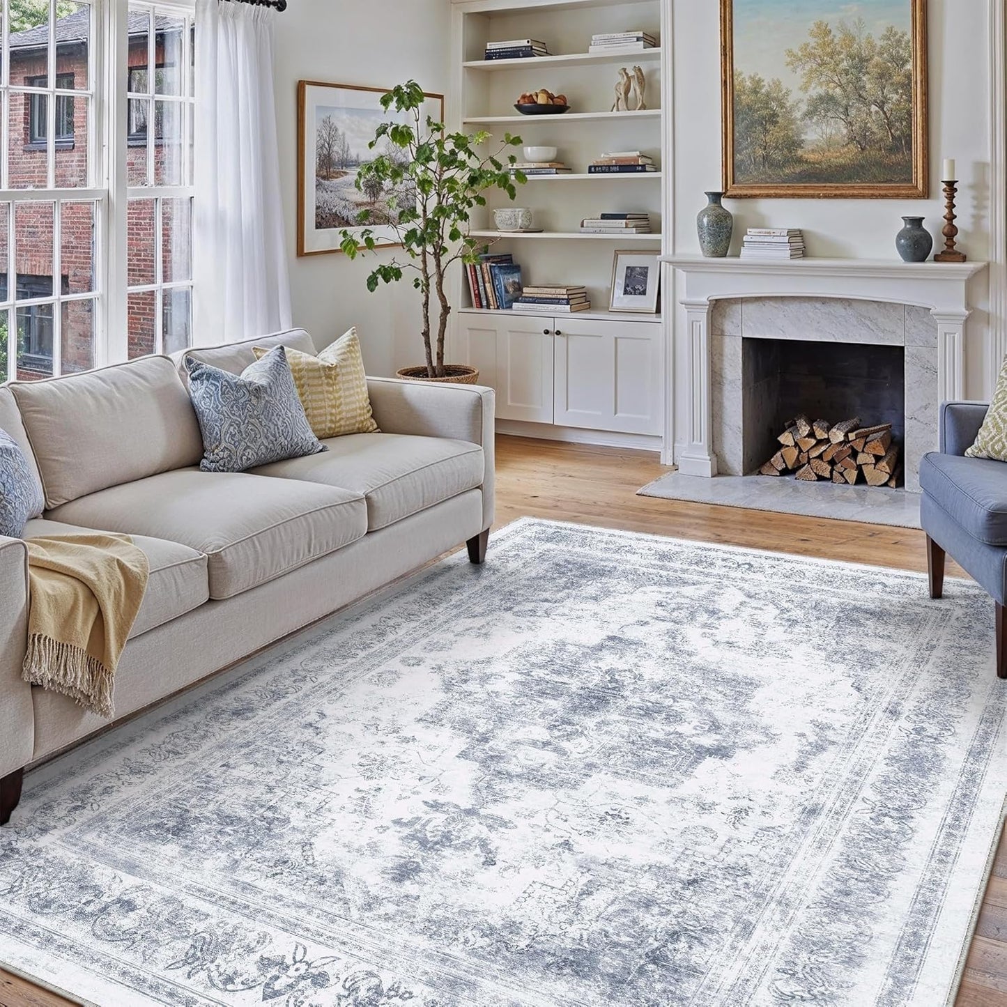 Washable Rug 8x10 Area Rug for Living Room Blue Vintage Style