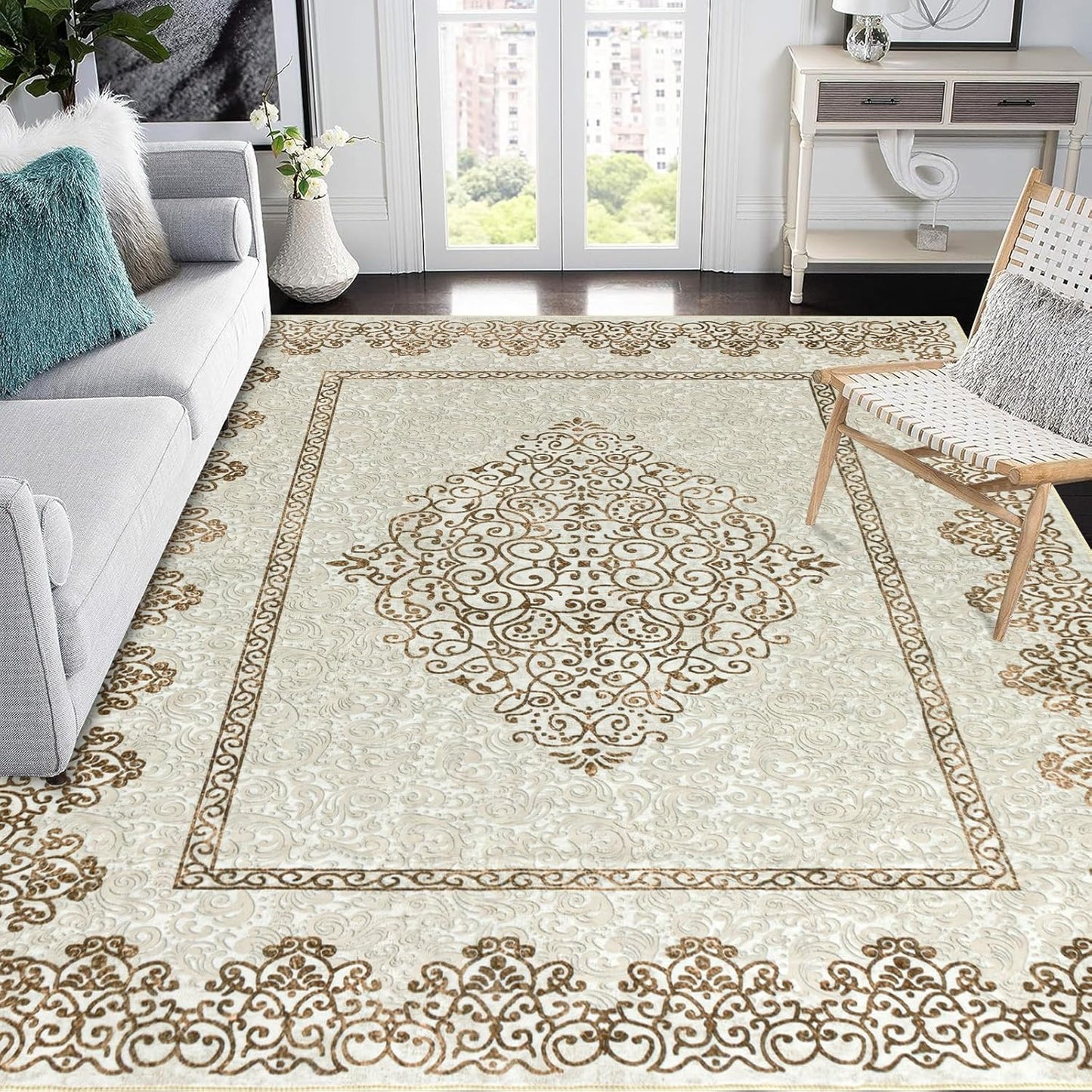 Easy-Going 5x7 Washable Boho Area Rug for Living Room