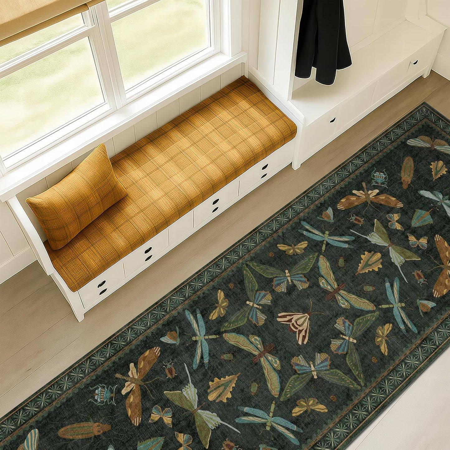 8 ft Long Hallway Runner Rug - Boho Green Non Slip Design