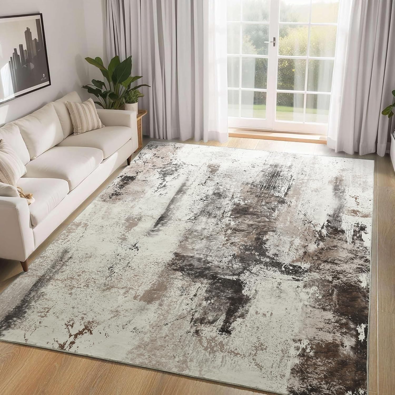 Ompaa Living Room Rug 5x8 Machine Washable Boho Abstract Design